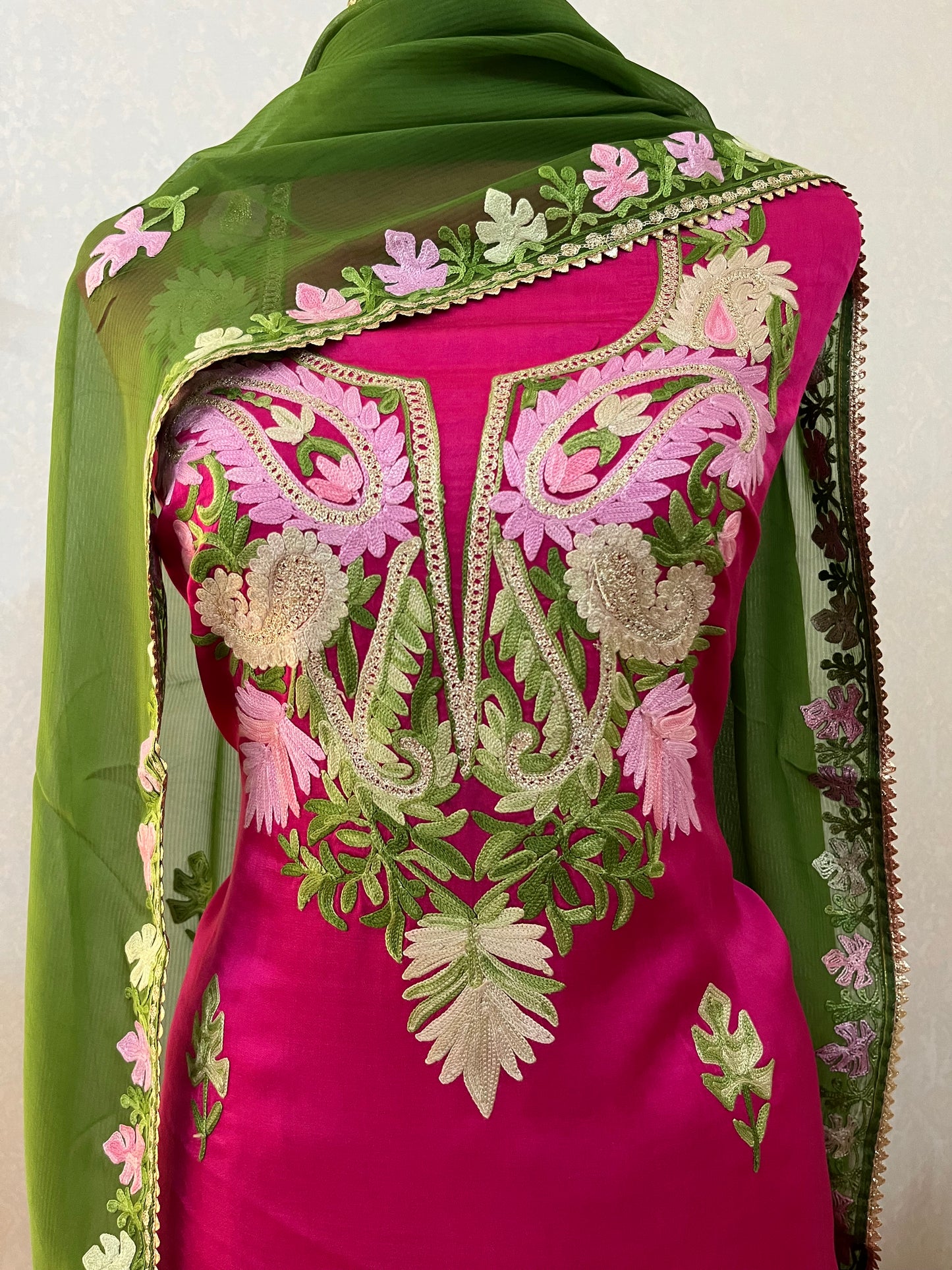 Hot Pink Satin Cotton Kashmiri Suit