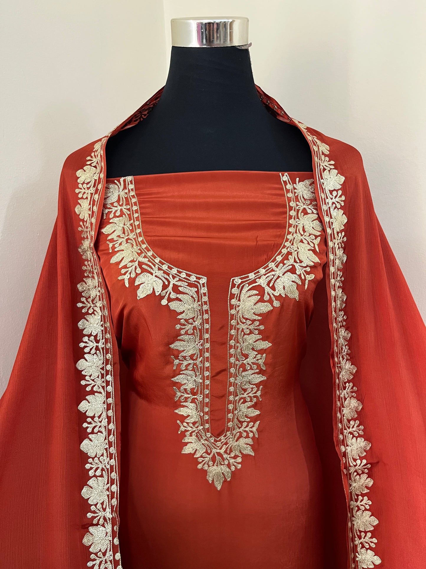 ‘Kalaa’ Rust Crape Kashmiri Suit