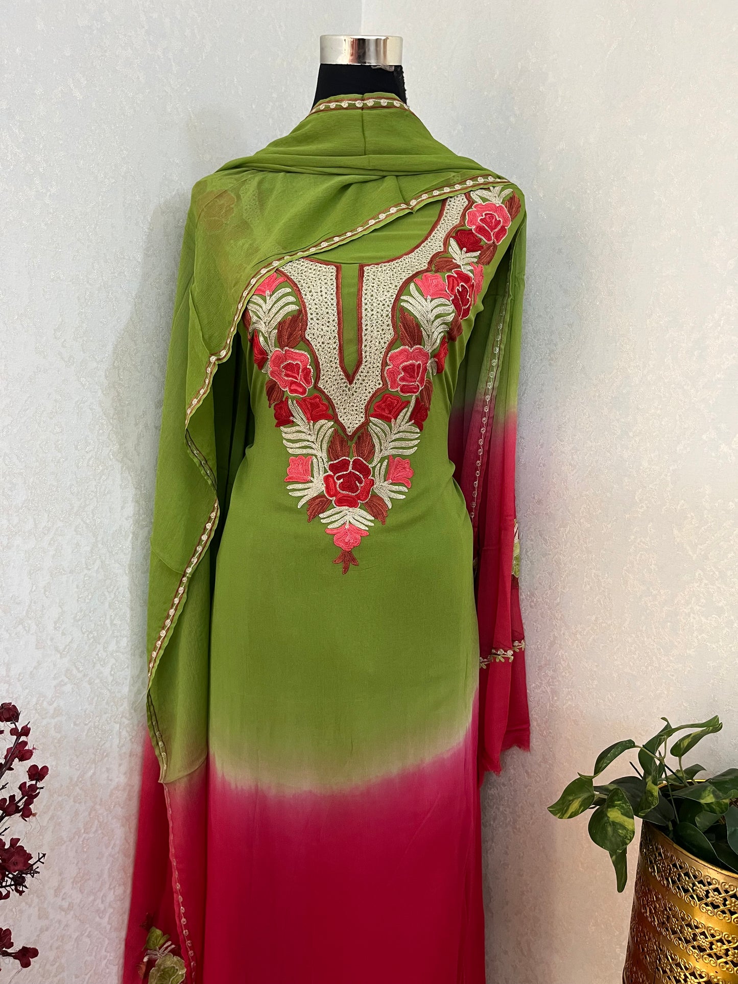 Green Pure Georgette Double Shade Kashmiri Suit