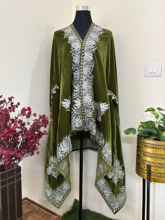 Henna Green Tilla Embroidered Velvet Cape