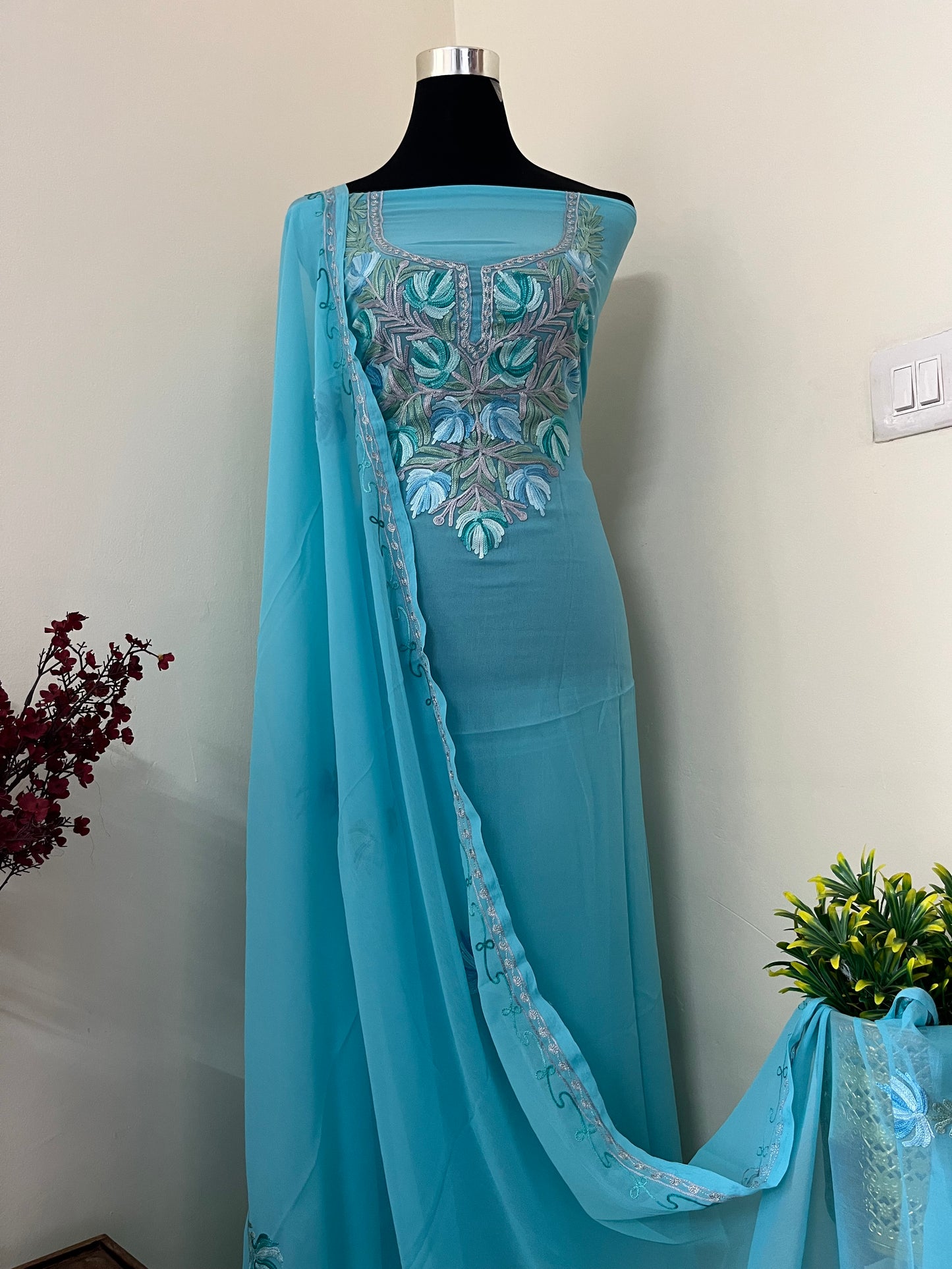 Sky Blue Georgette Shirt and Dupatta Aari Embroidered Suit