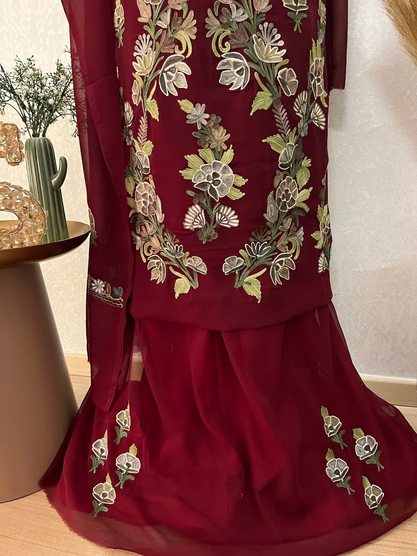 Maroon Georgette 3 Pc Kashmiri Suit