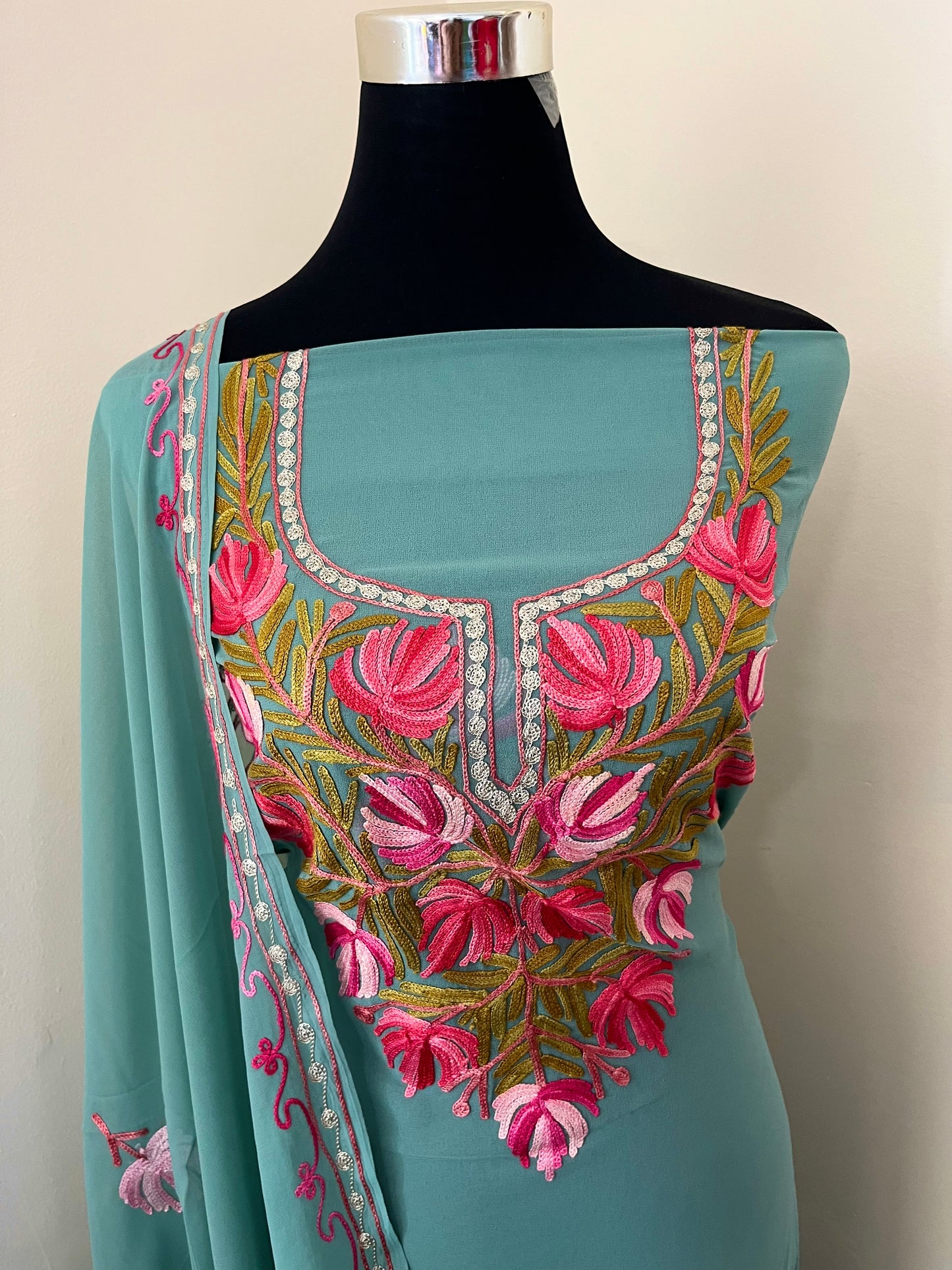 Sea Green Georgette Shirt and Dupatta Aari Embroidered Suit