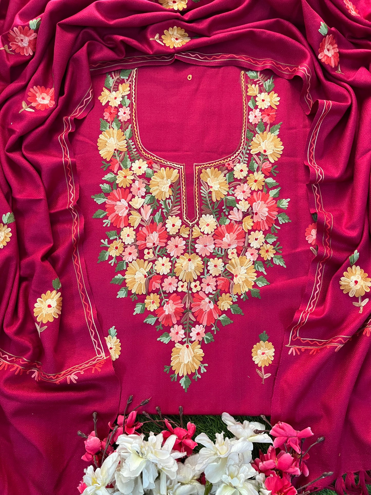 Hot pink Woollen Aari Embroidered 3pc suit