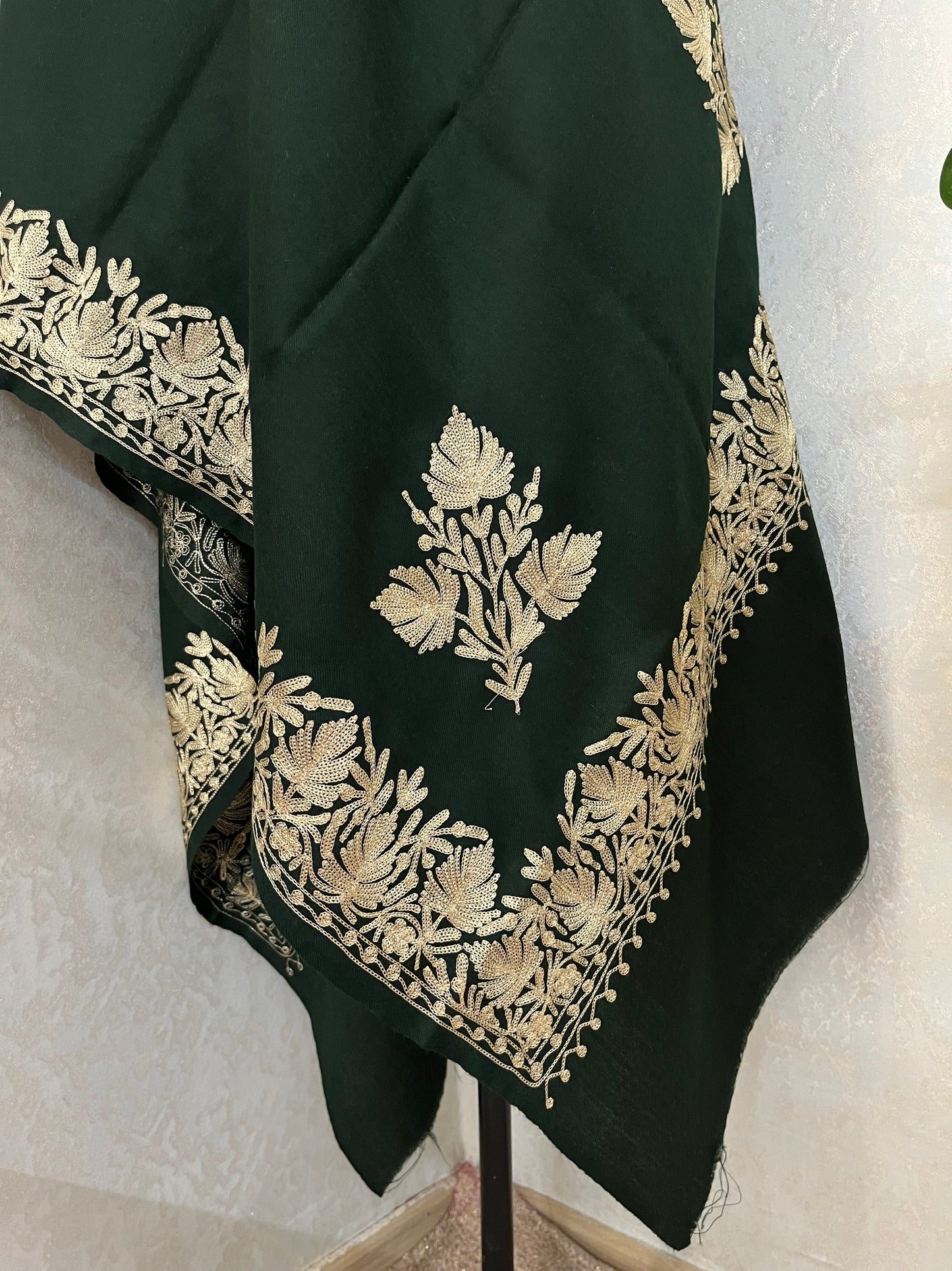 Bottle Green Semi Pashmina Tilla Embroidered stole