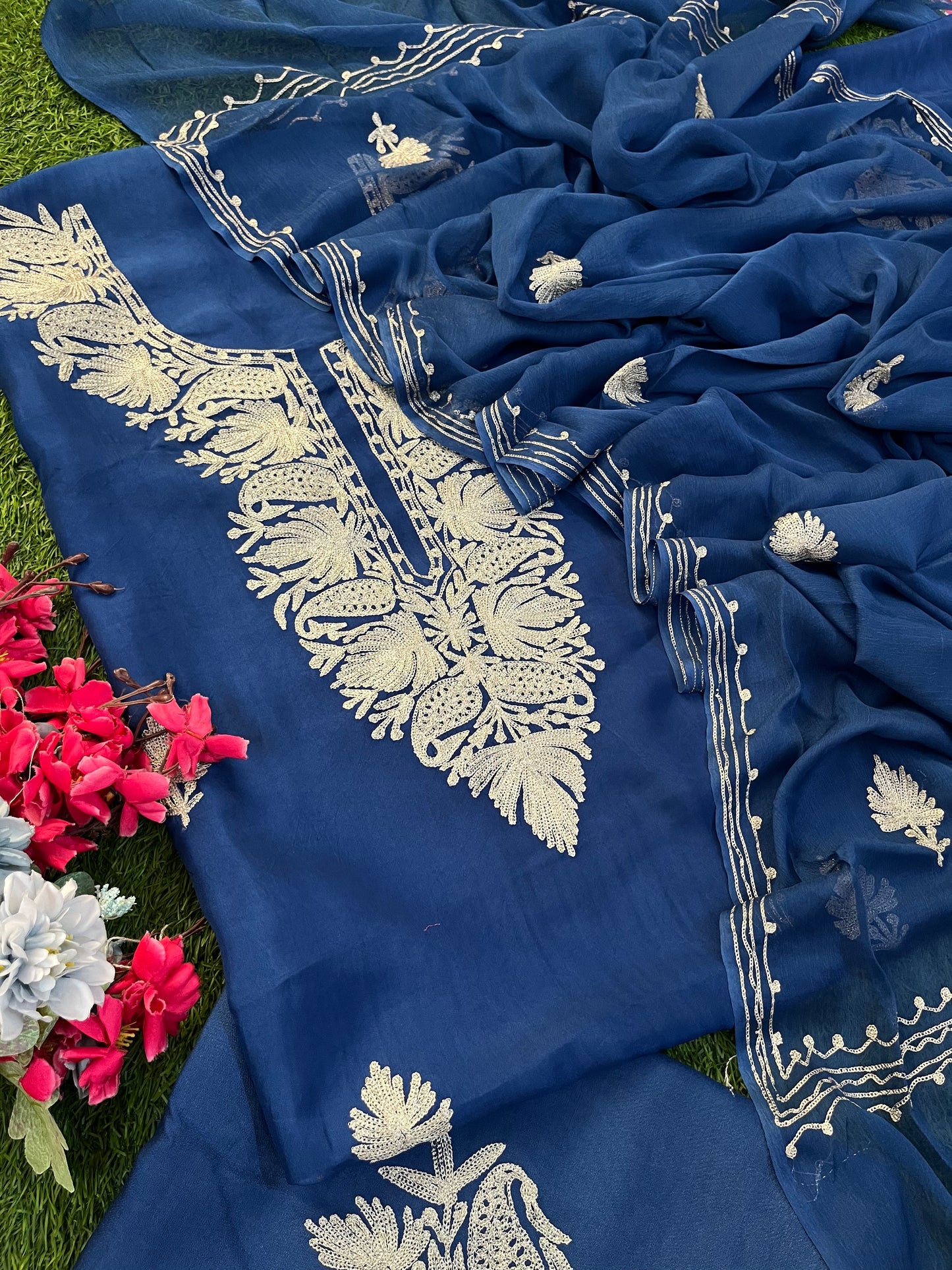 Electric Blue Silk Tilla Kashmiri Suit