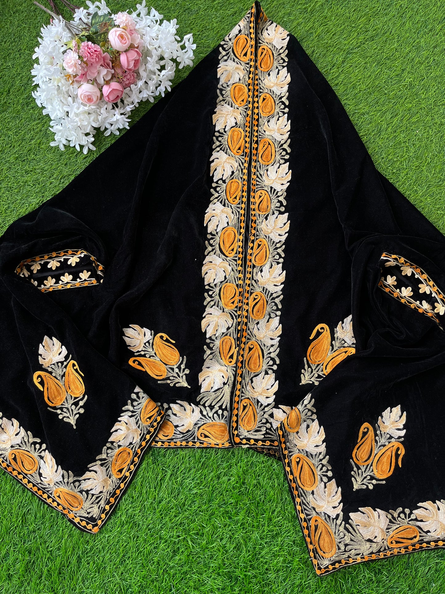 Black Aari Embroidered Velvet Cape