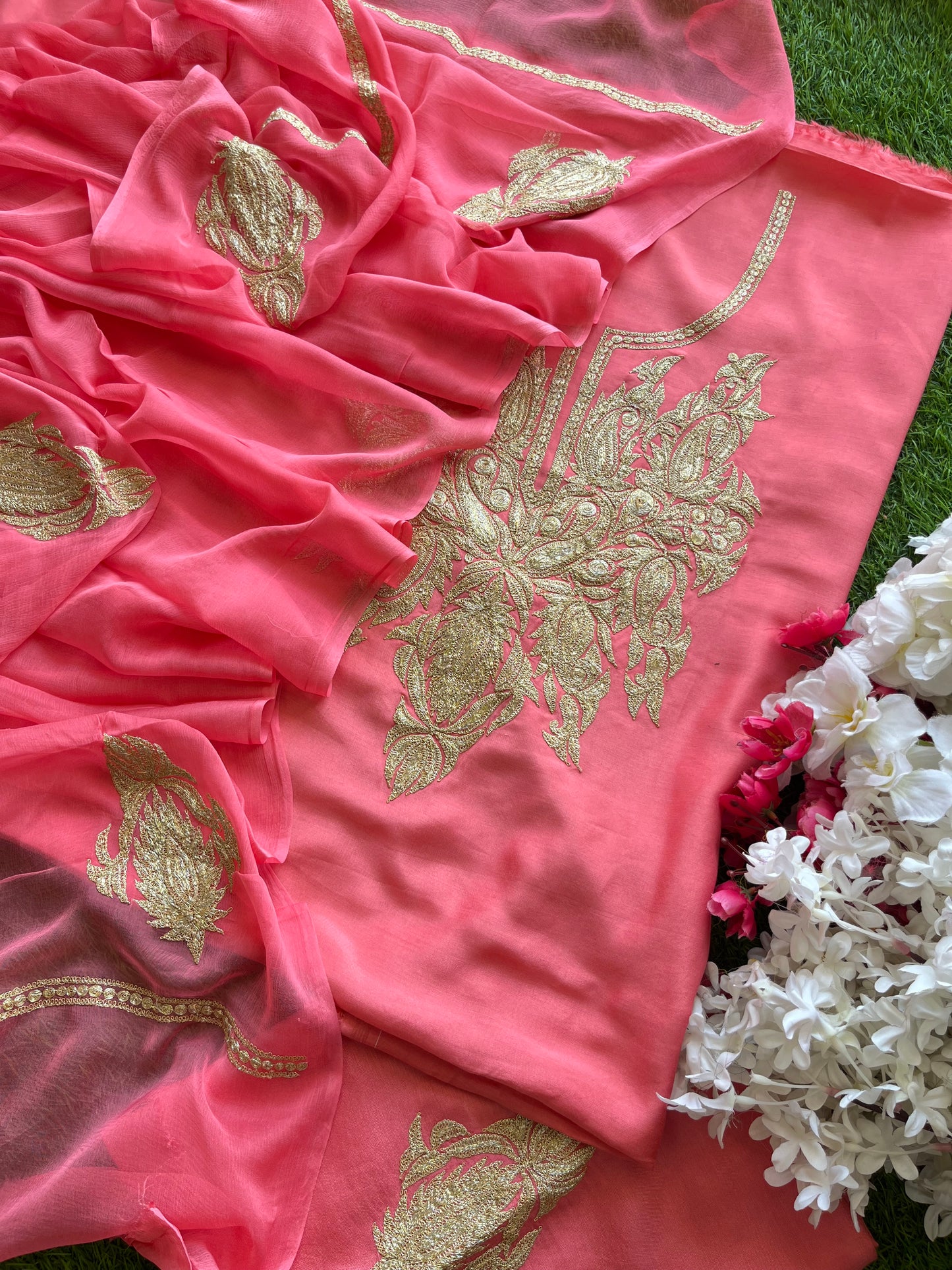 ‘Kalaa’ Peach Muslin Silk Tilla Embroidered Suit material