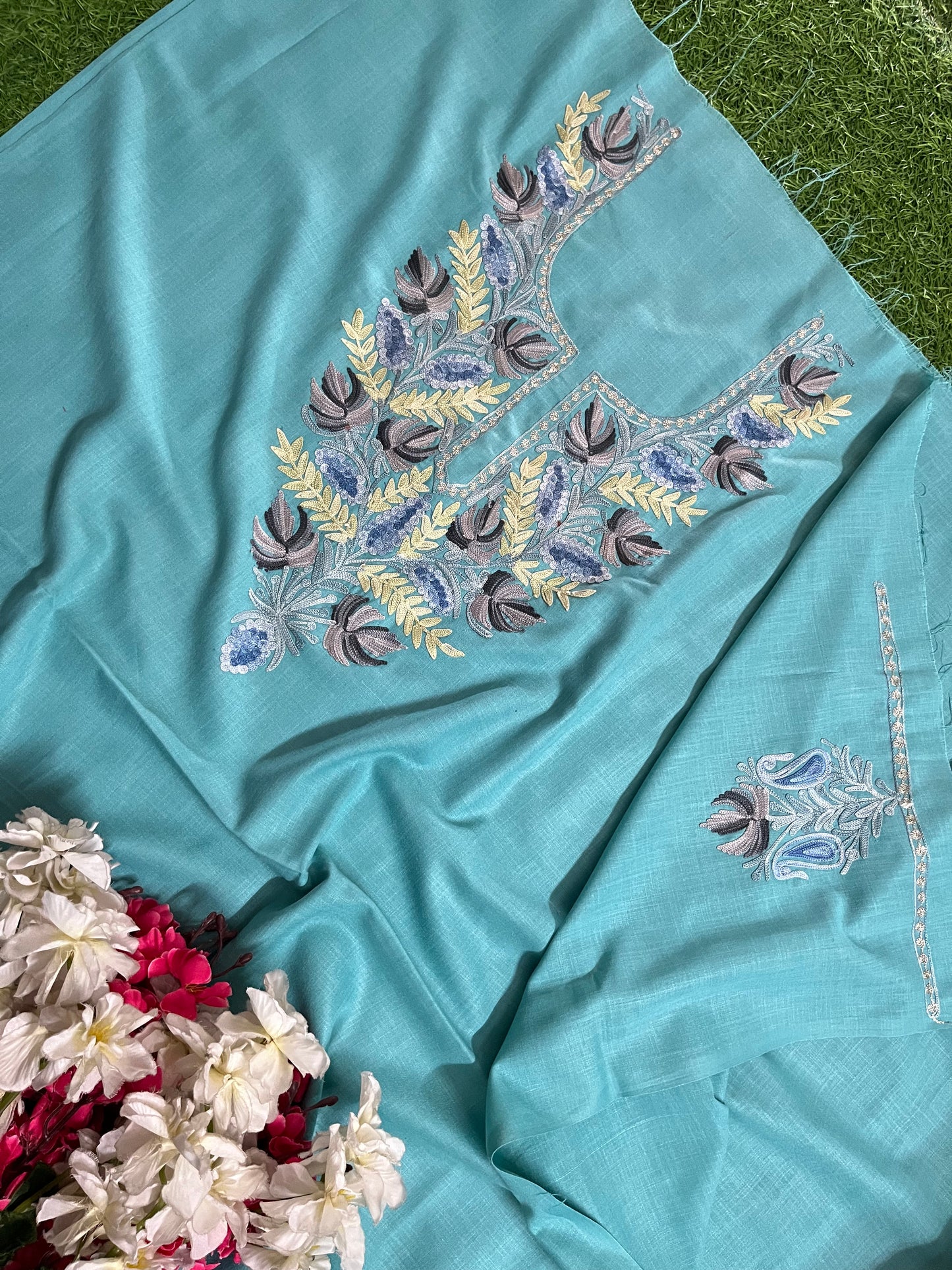Sky Blue Cotton Unstitched Aari Work Kurti