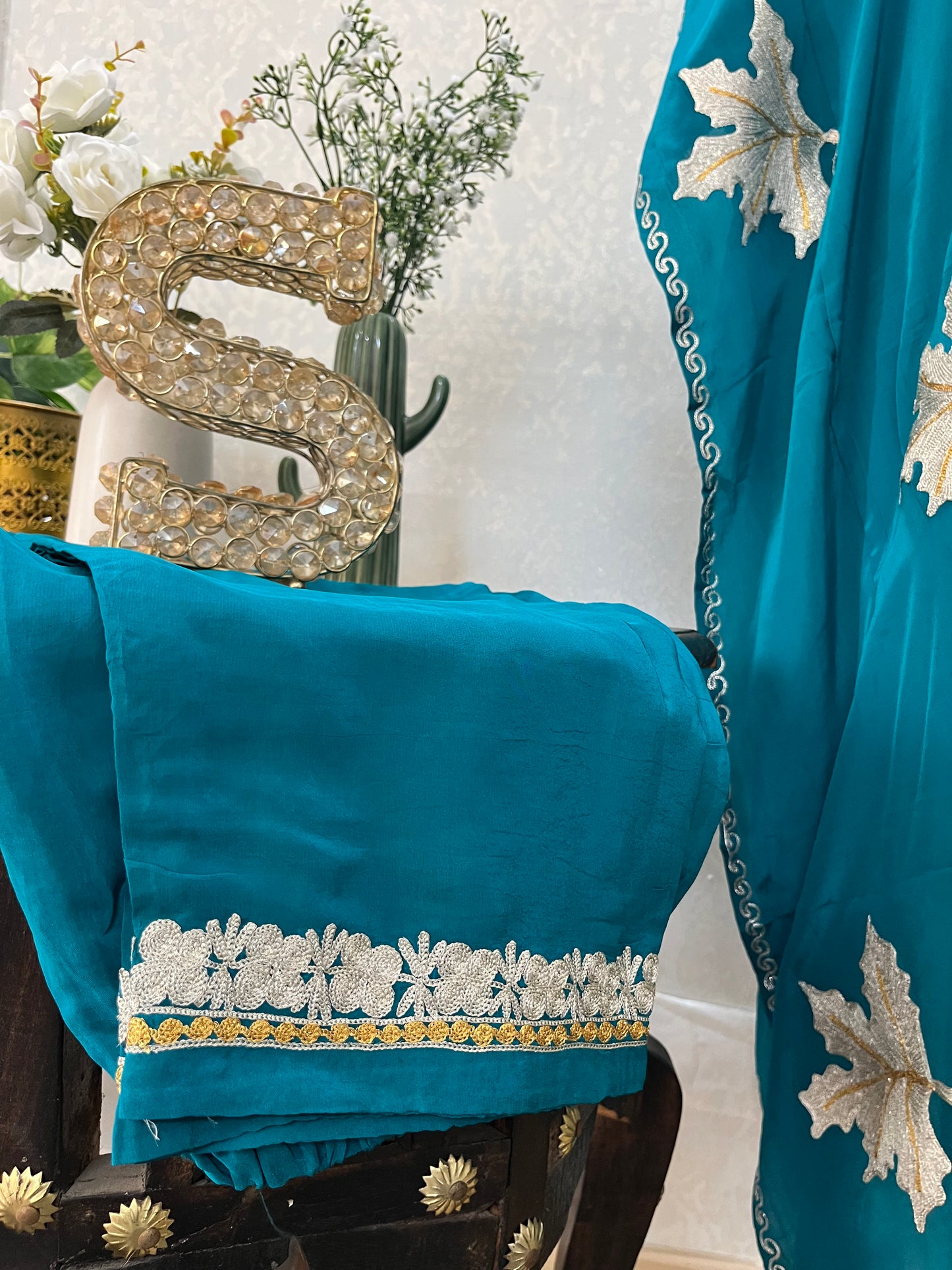 Firozi Crape Kashmiri Kaftan Set