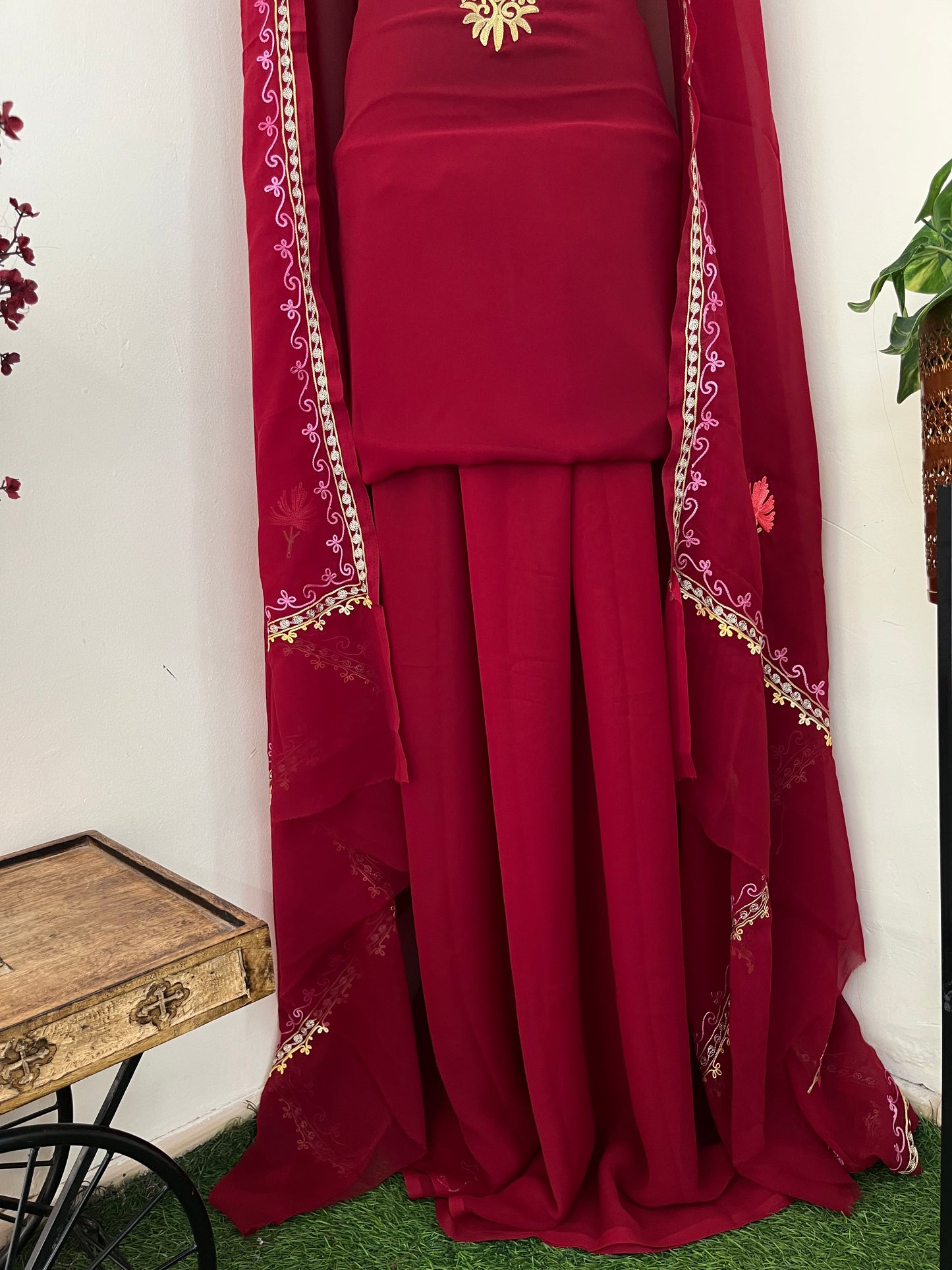 Maroon Georgette 3 Pc Aari Embroidered Suit Set