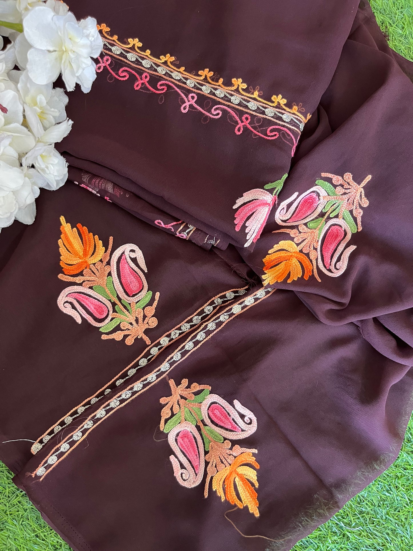 Dark Brown Georgette Shirt and Dupatta Aari Embroidered Suit