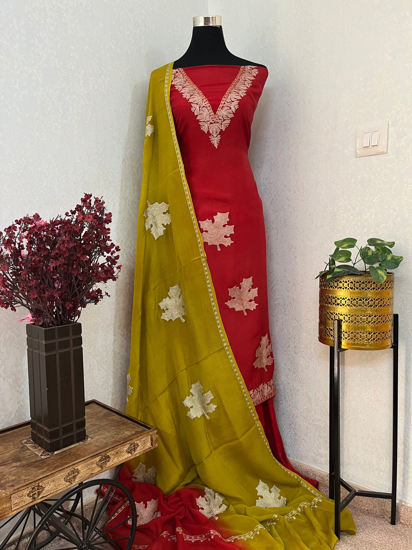 Red Sanam Silk Kashmiri Suit