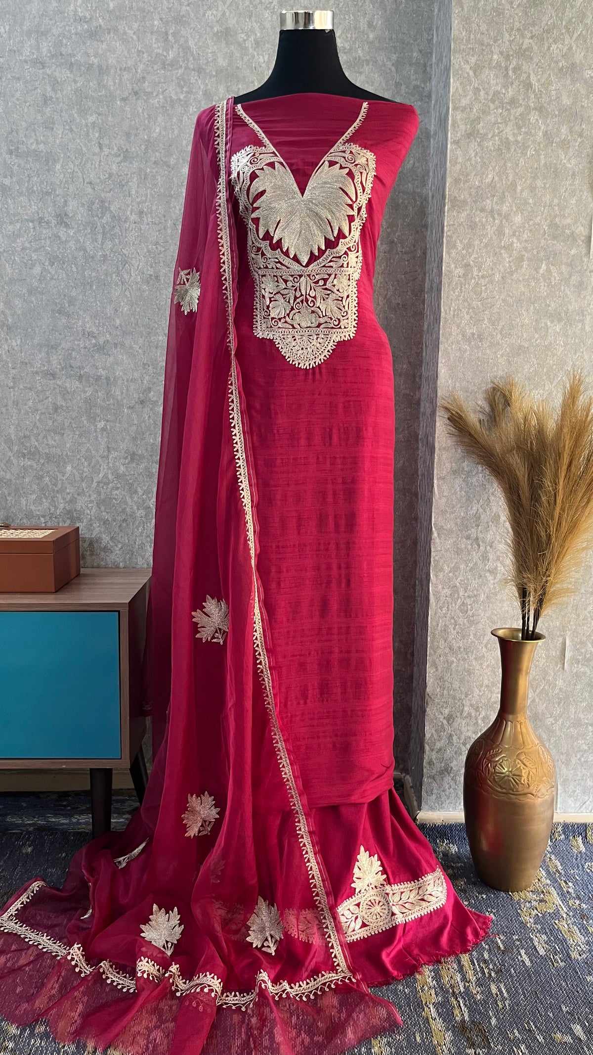 Hot Pink Silk Tilla Embroidered Suit