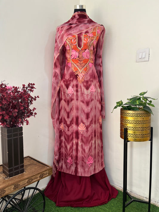 Cherry Red Pure Georgette Ty Dy Kashmiri Suit