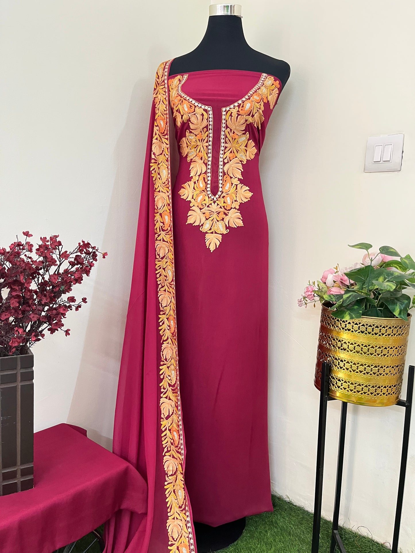 Maroon Pure Georgette Kashmiri Suit