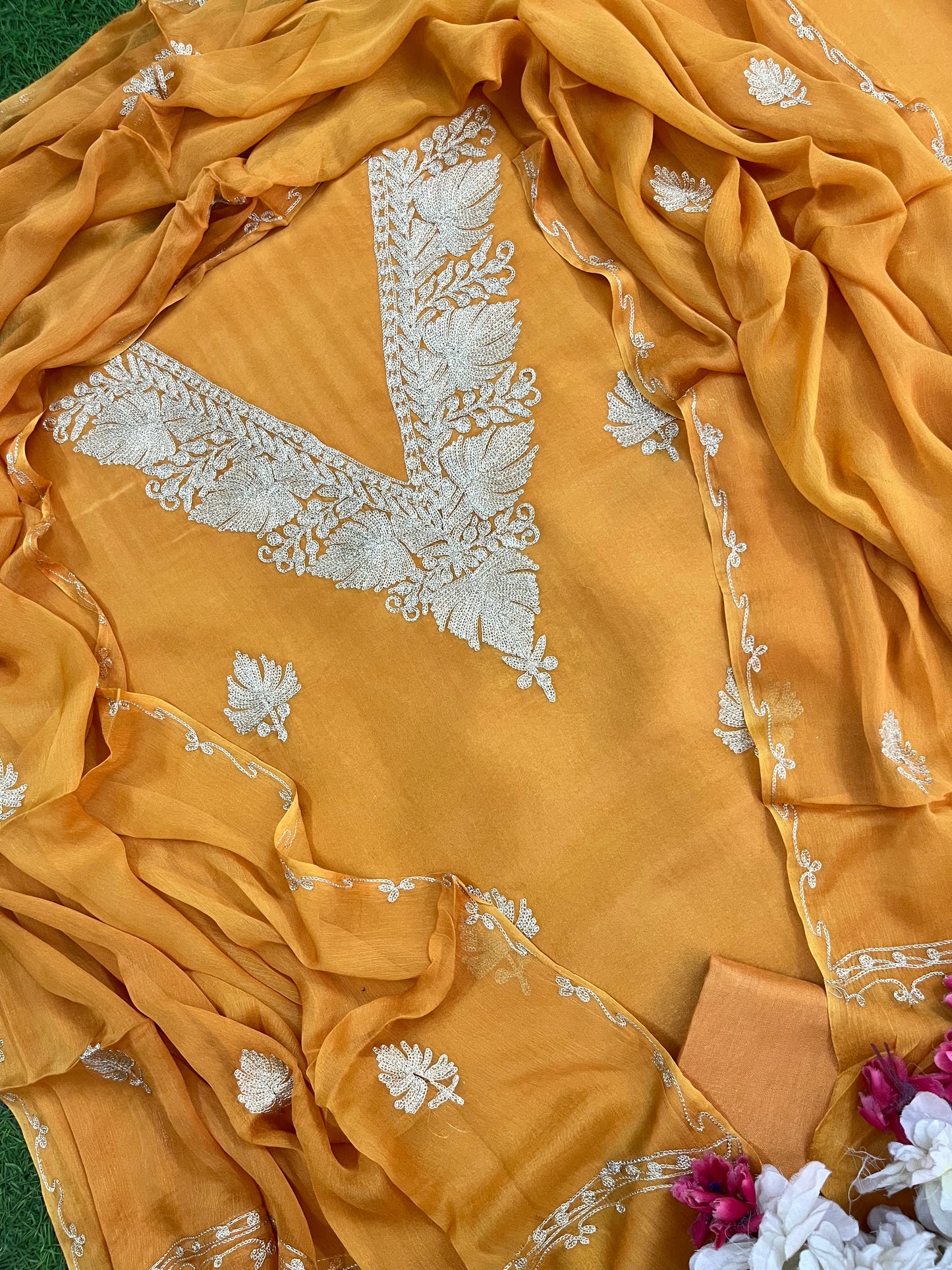 Sanam’ Soft Orange Silk Tilla Kashmiri Suit
