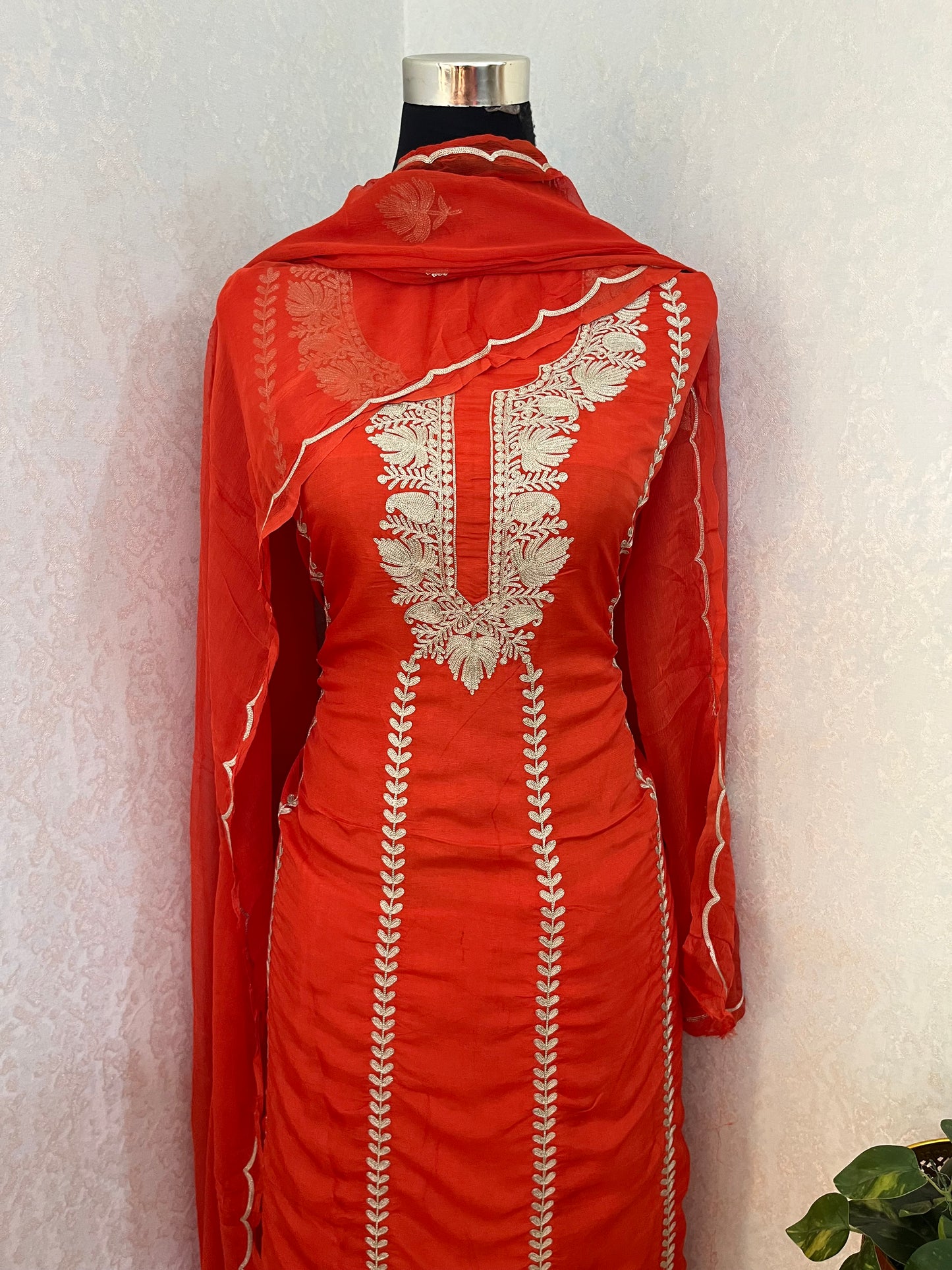 Orange Sanam’ Silk Tilla Kashmiri Suit