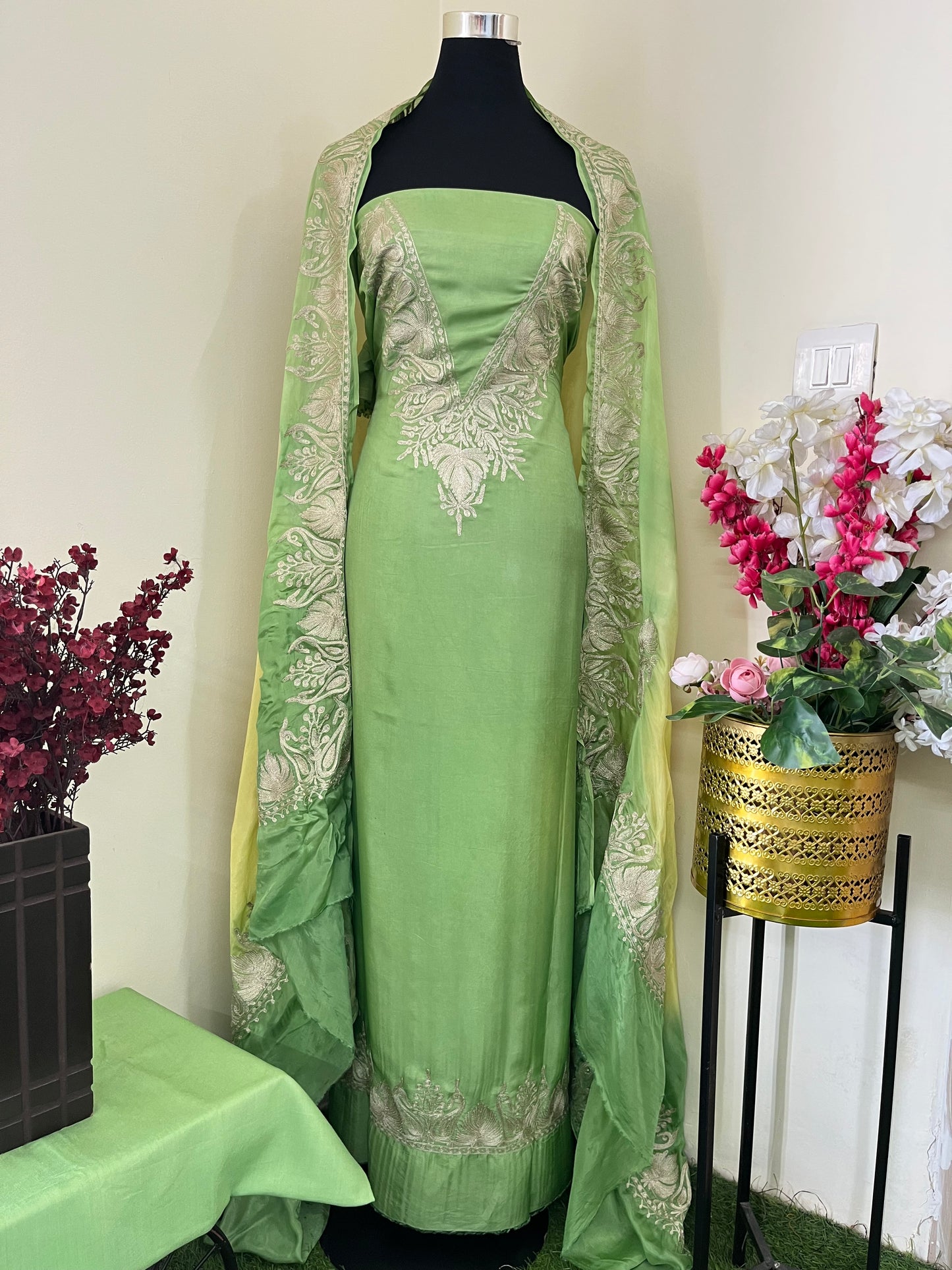 Sanam Pista Green Silk Kashmiri Suit