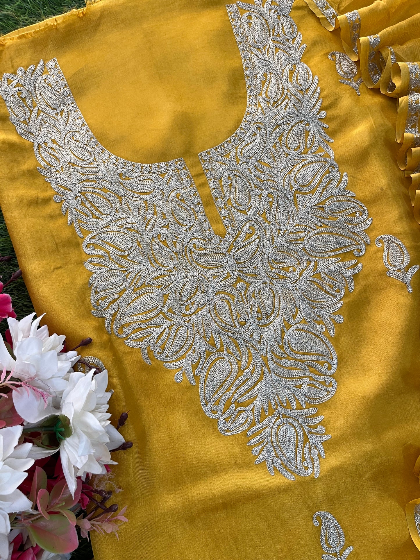Golden Yellow Silk Tilla Kashmiri Suit