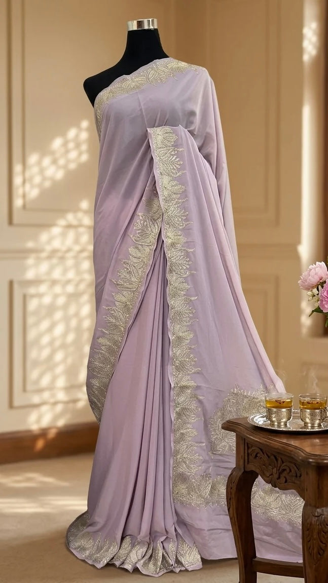 Soft Purple Crape Kashmiri Tilla Saree