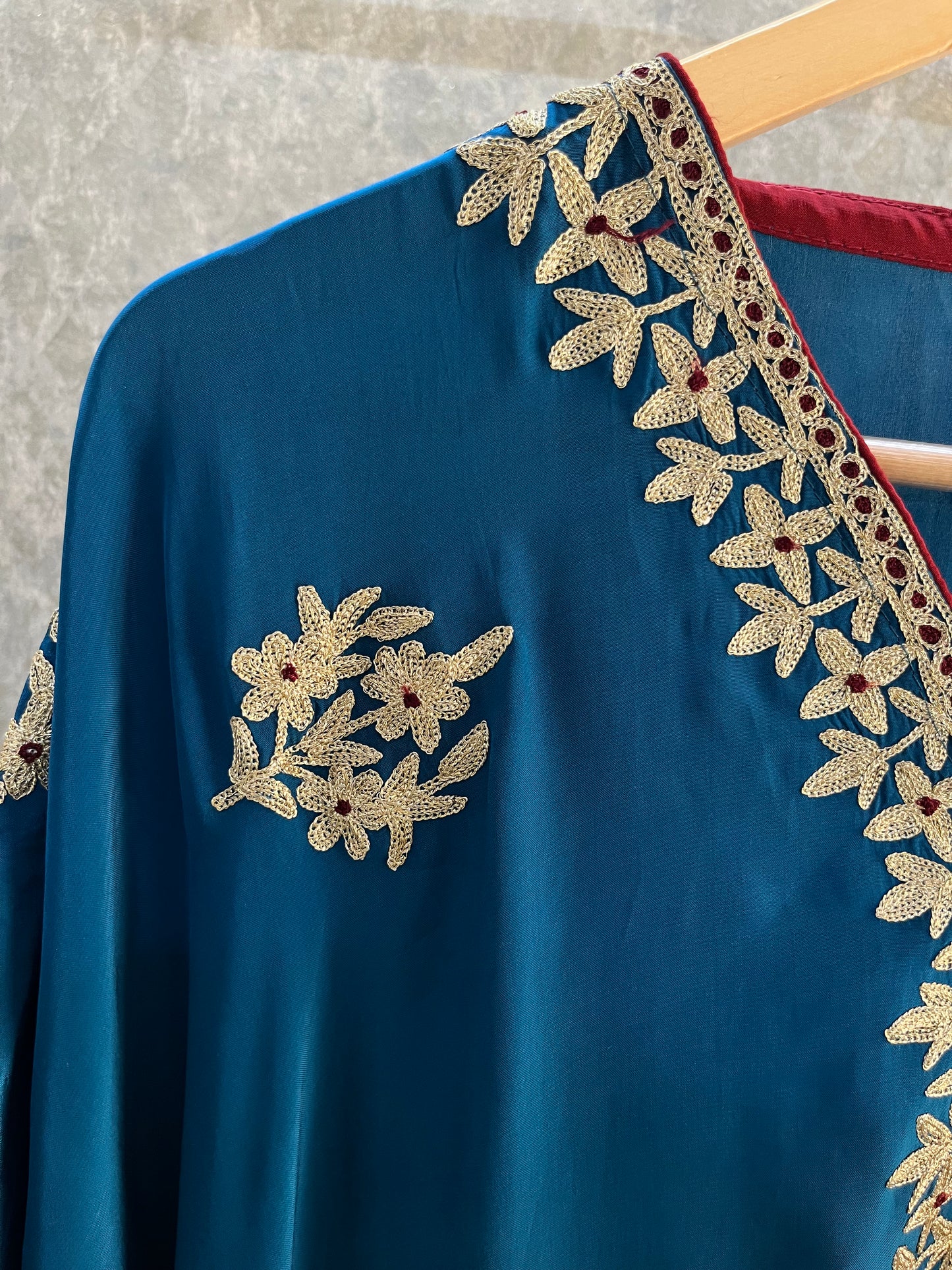 Peacock Blue Crape Kashmiri Kaftan Set size (44)