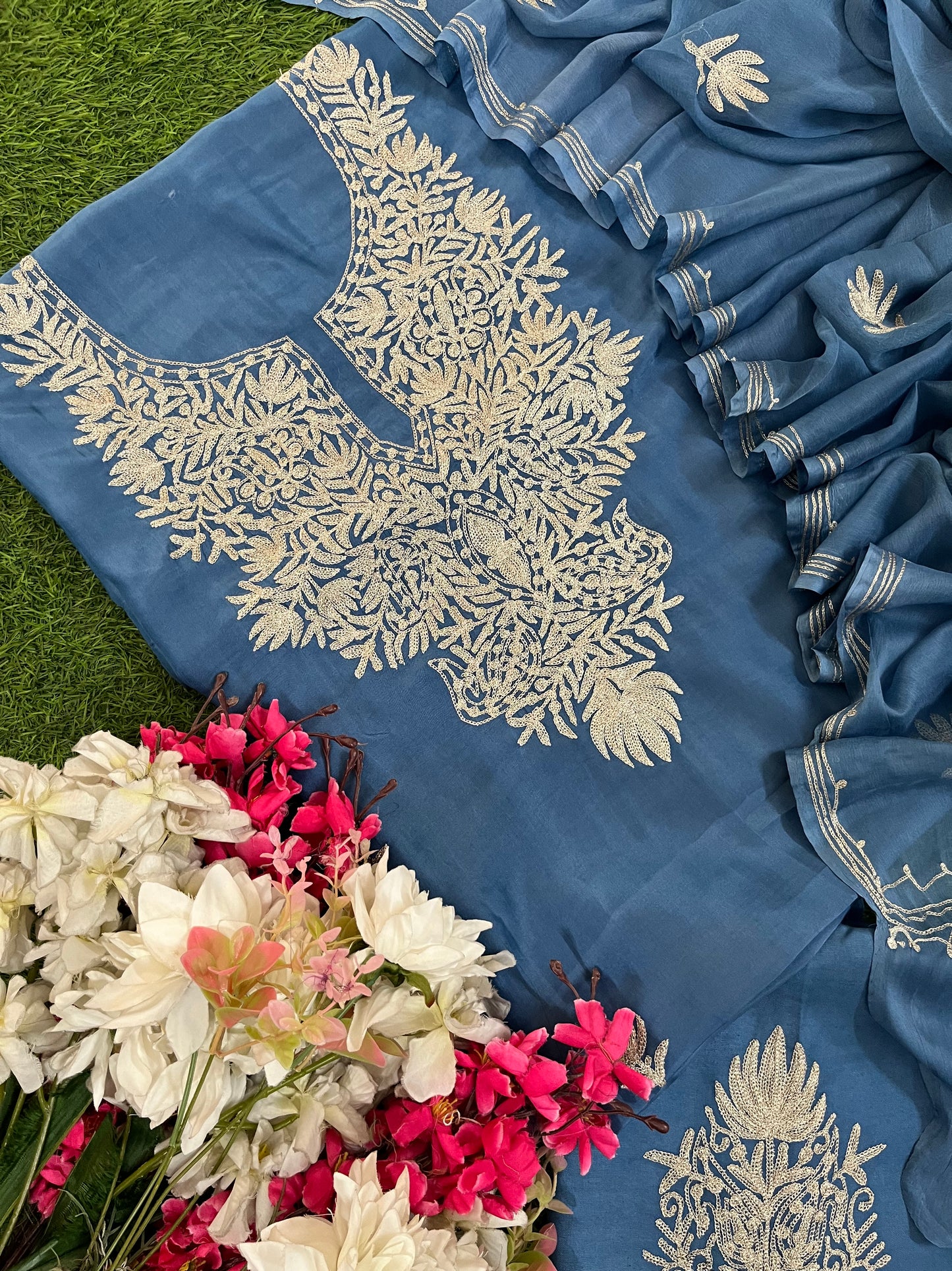 Soft Blue Silk Tilla Kashmiri Suit