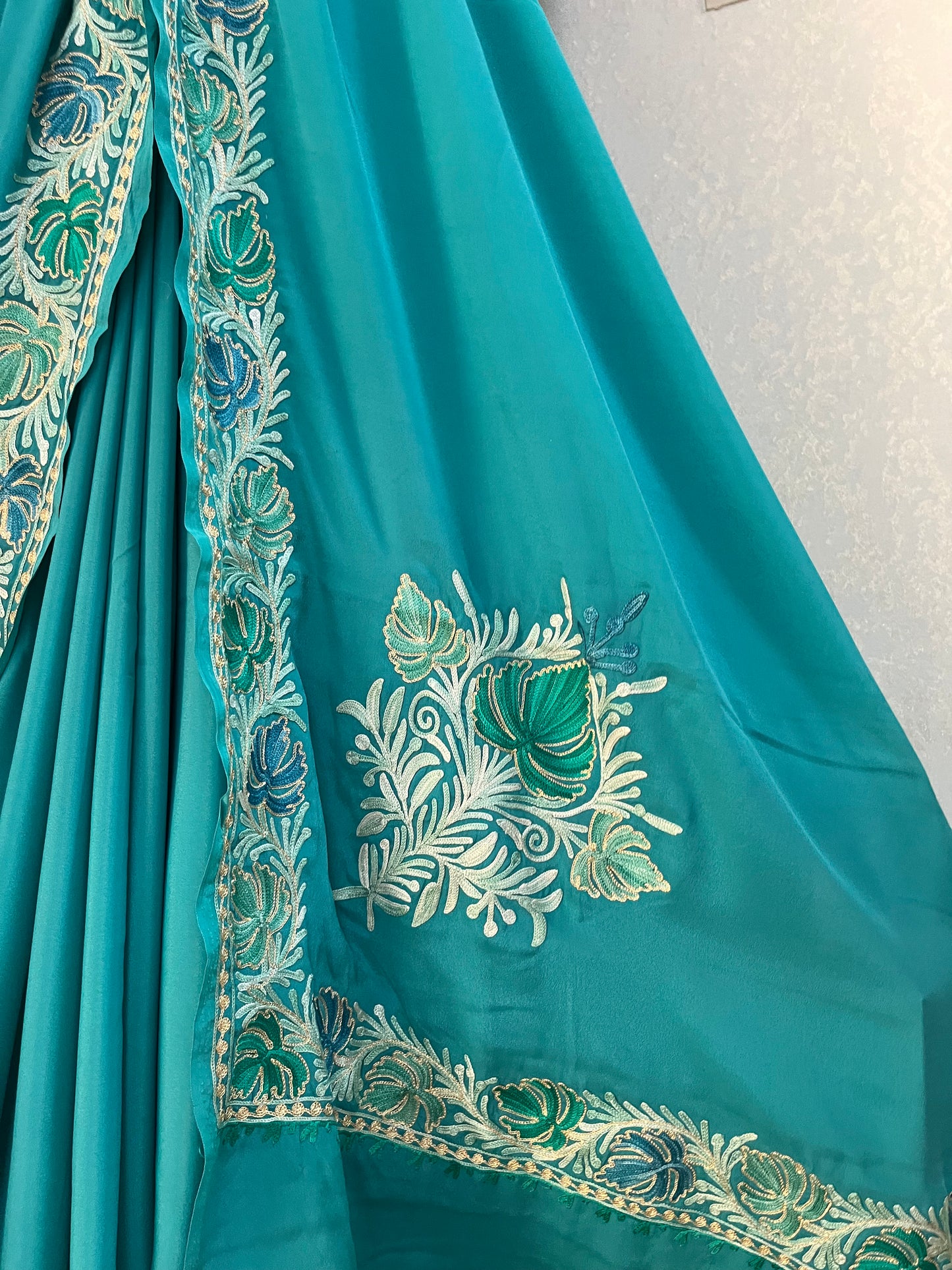 Blue Crape Kashmiri Saree with Tilla Outline