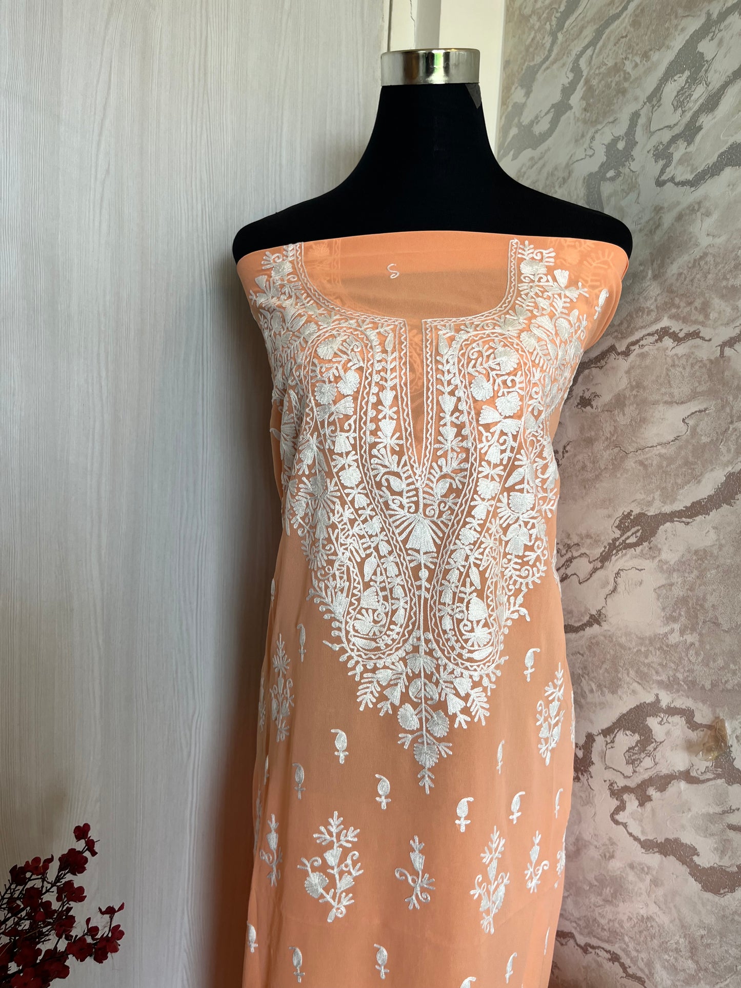 Georgette Light Orange All over Work Aari Embroidered Unstitched Kurta Material