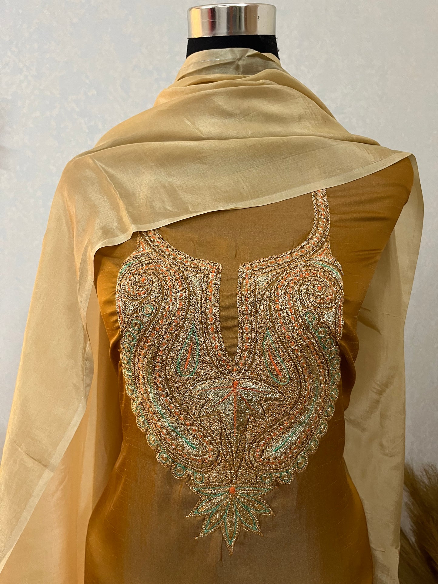 Golden Silk Puff Tilla Embroidered Suit