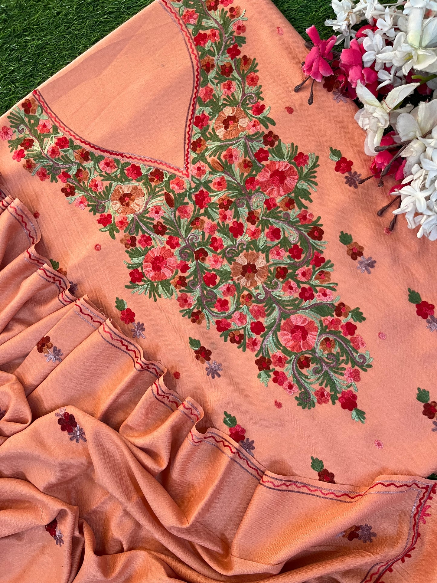 Peach Woollen Aari Embroidered 3pc suit