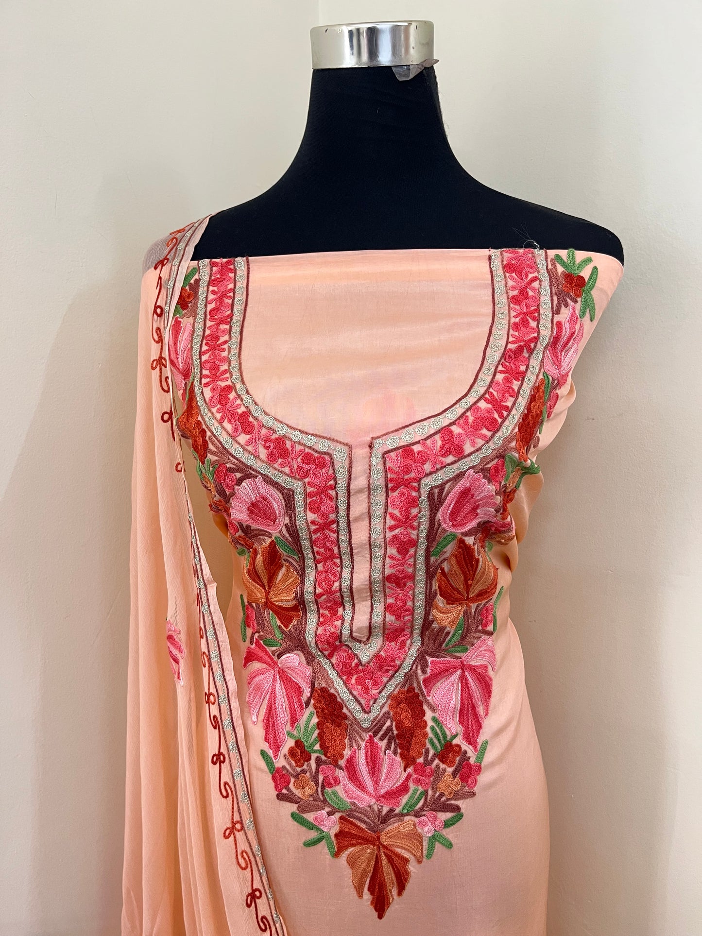 Peach Opada Silk Aari Embroidered Suit material