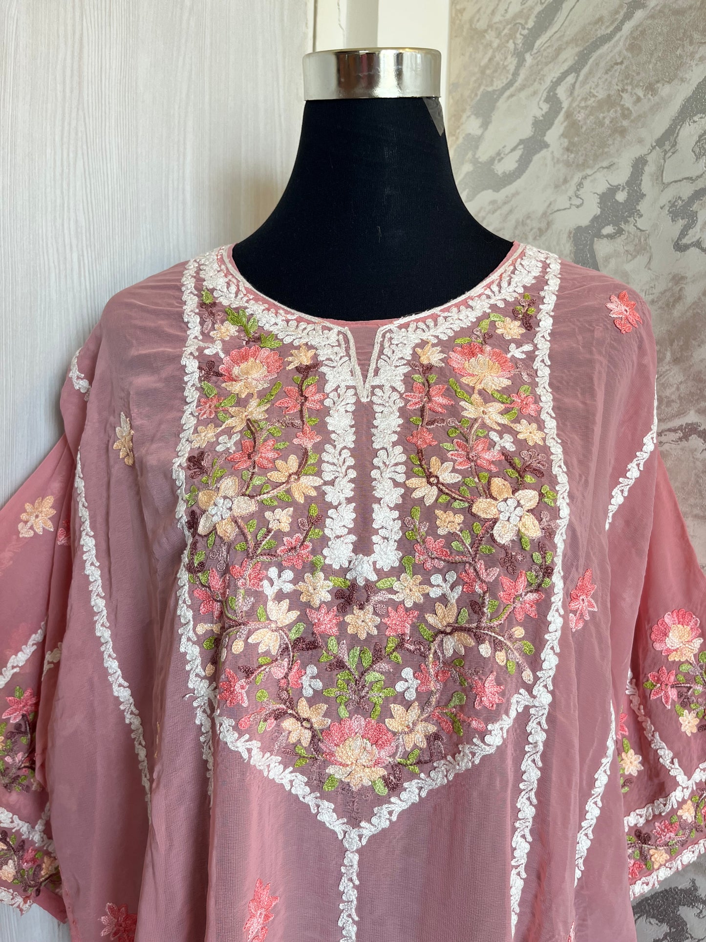 Pink Georgette All over Work Aari Embroidered Unstitched Kurta Material