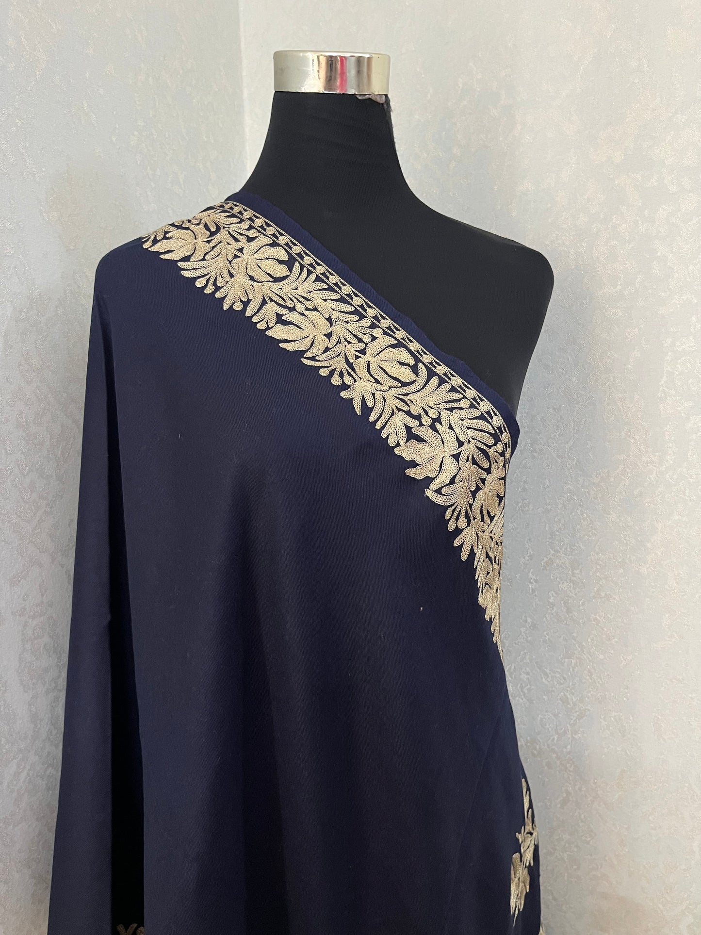 Navy Blue Semi Pashmina Tilla Embroidered stole