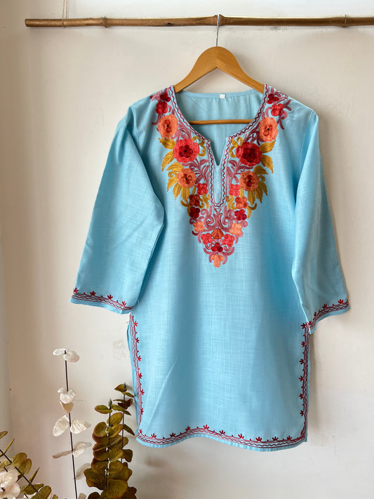 Blue Cotton Aari Work Kurta