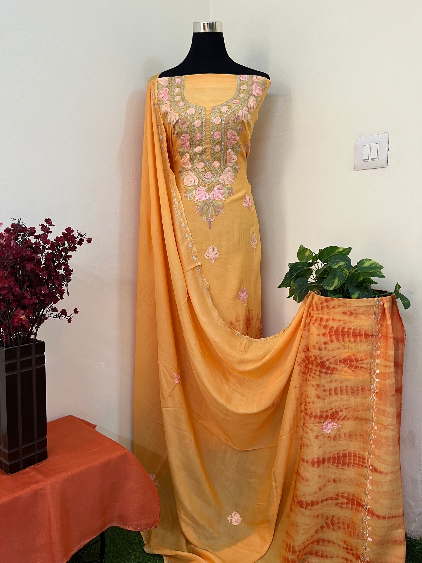 Soft Orange Mul Cotton Shibori Work Kashmiri 3pc Suit