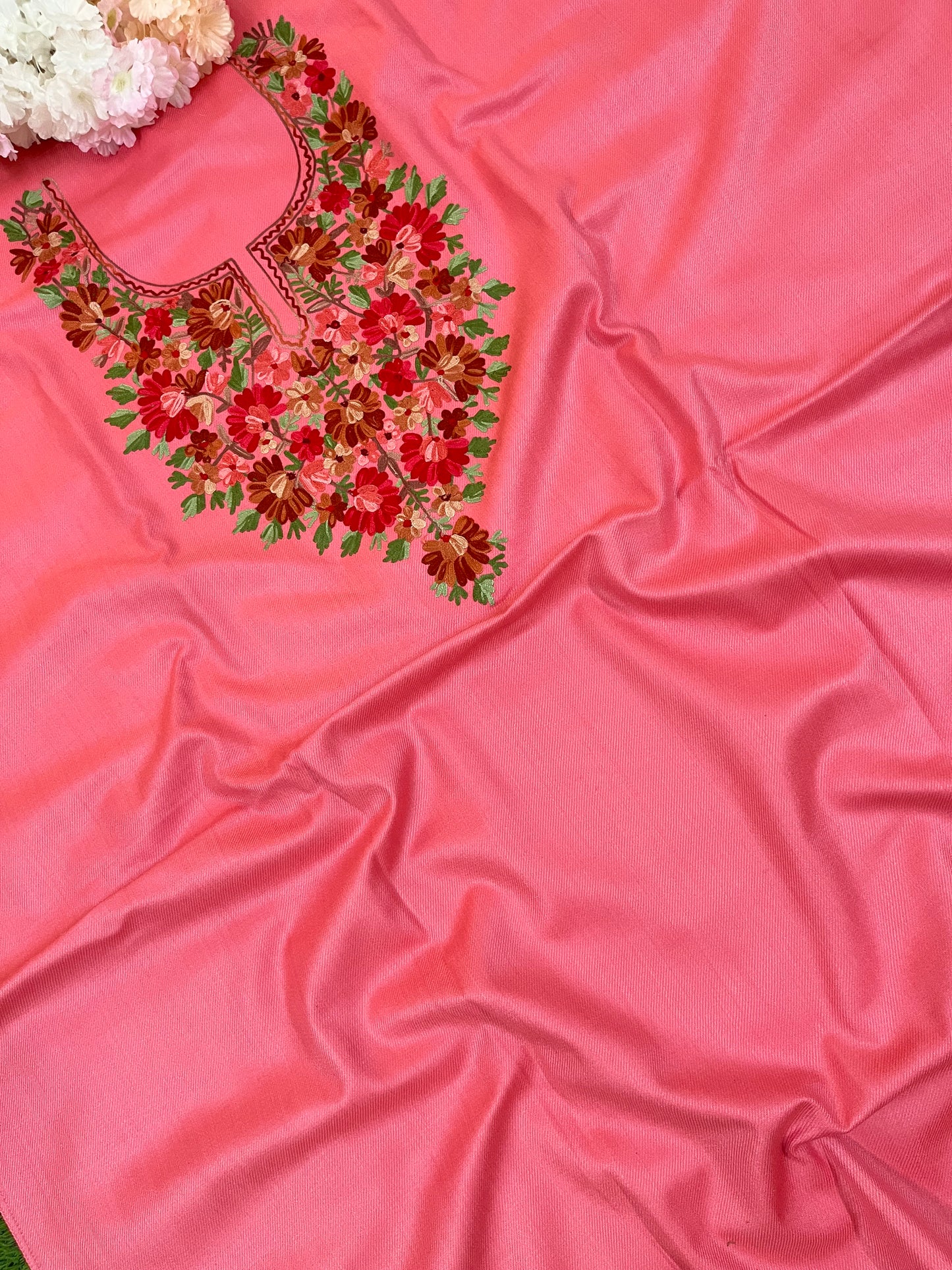 Pink Woollen Aari Embroidered 2pc suit 5mtr