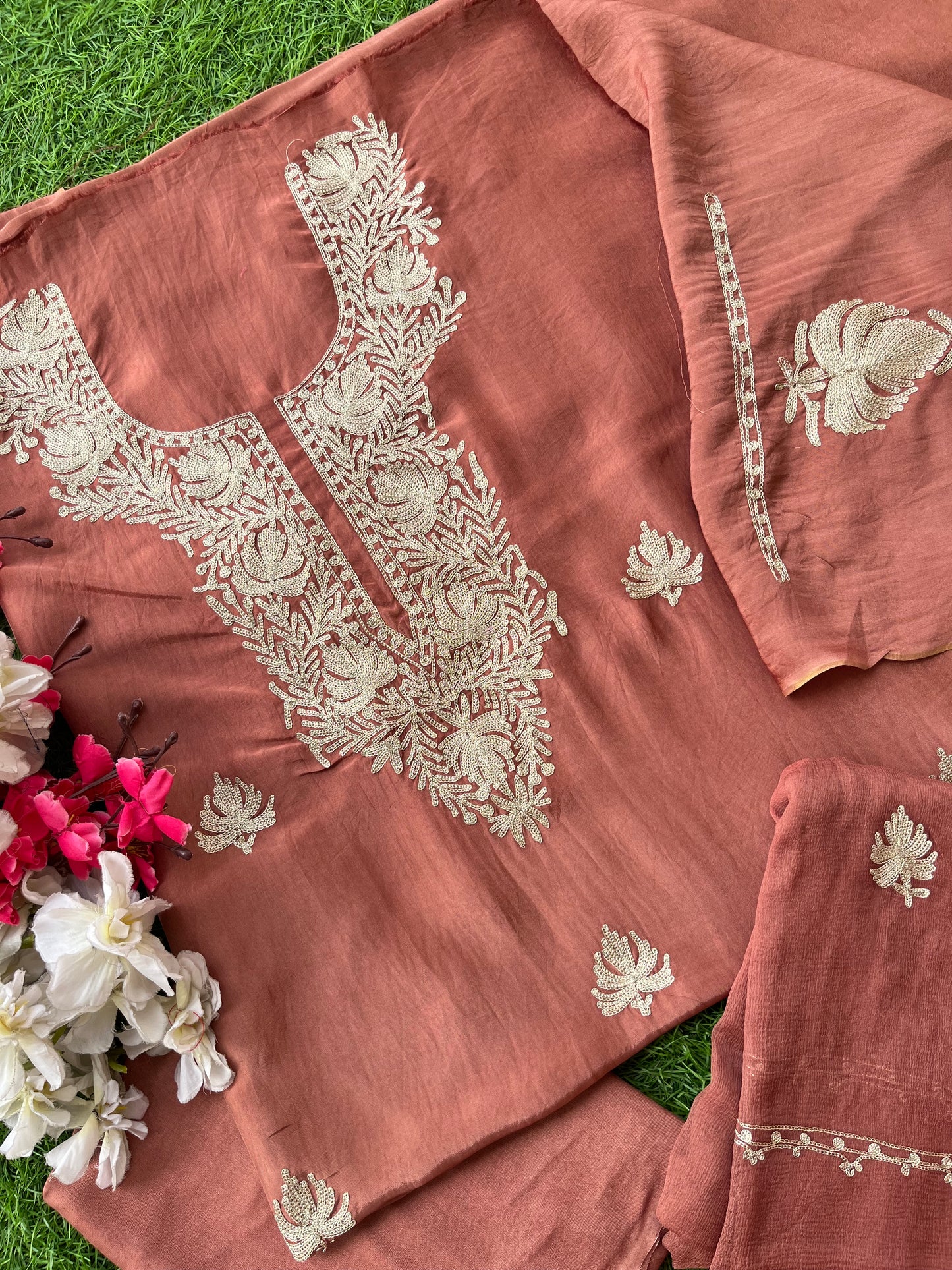 Dull Peach Silk Tilla Kashmiri Suit