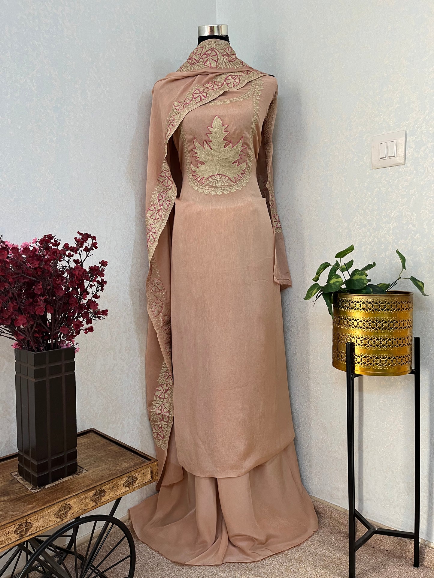 Peach Chinon 3 Pc Aari Embroidered Suit