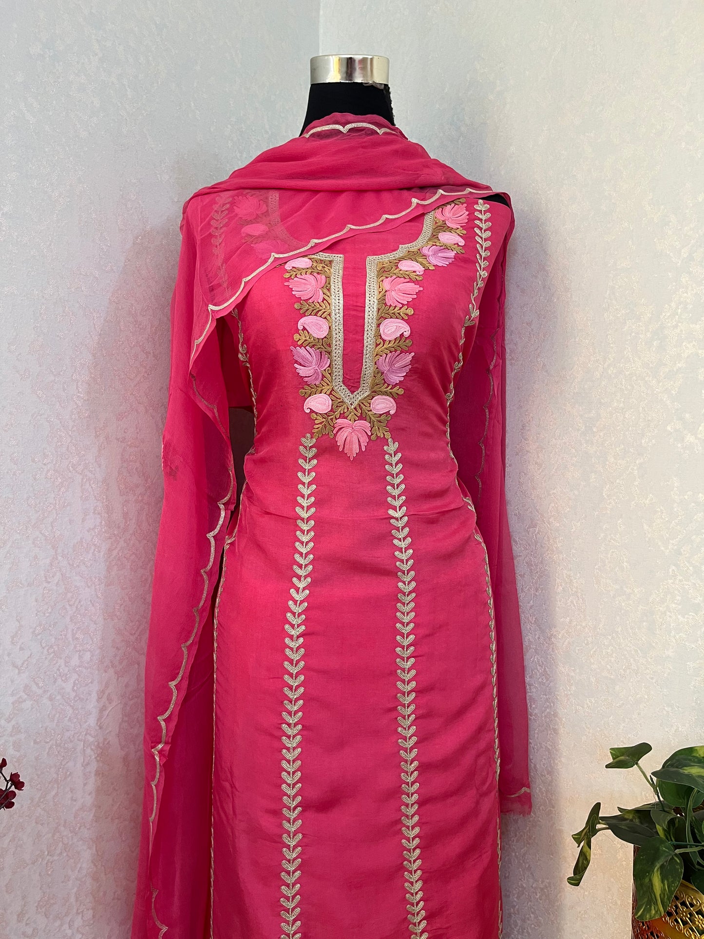 Sanam’ Candy Pink Silk Aari Embroidered Suit material