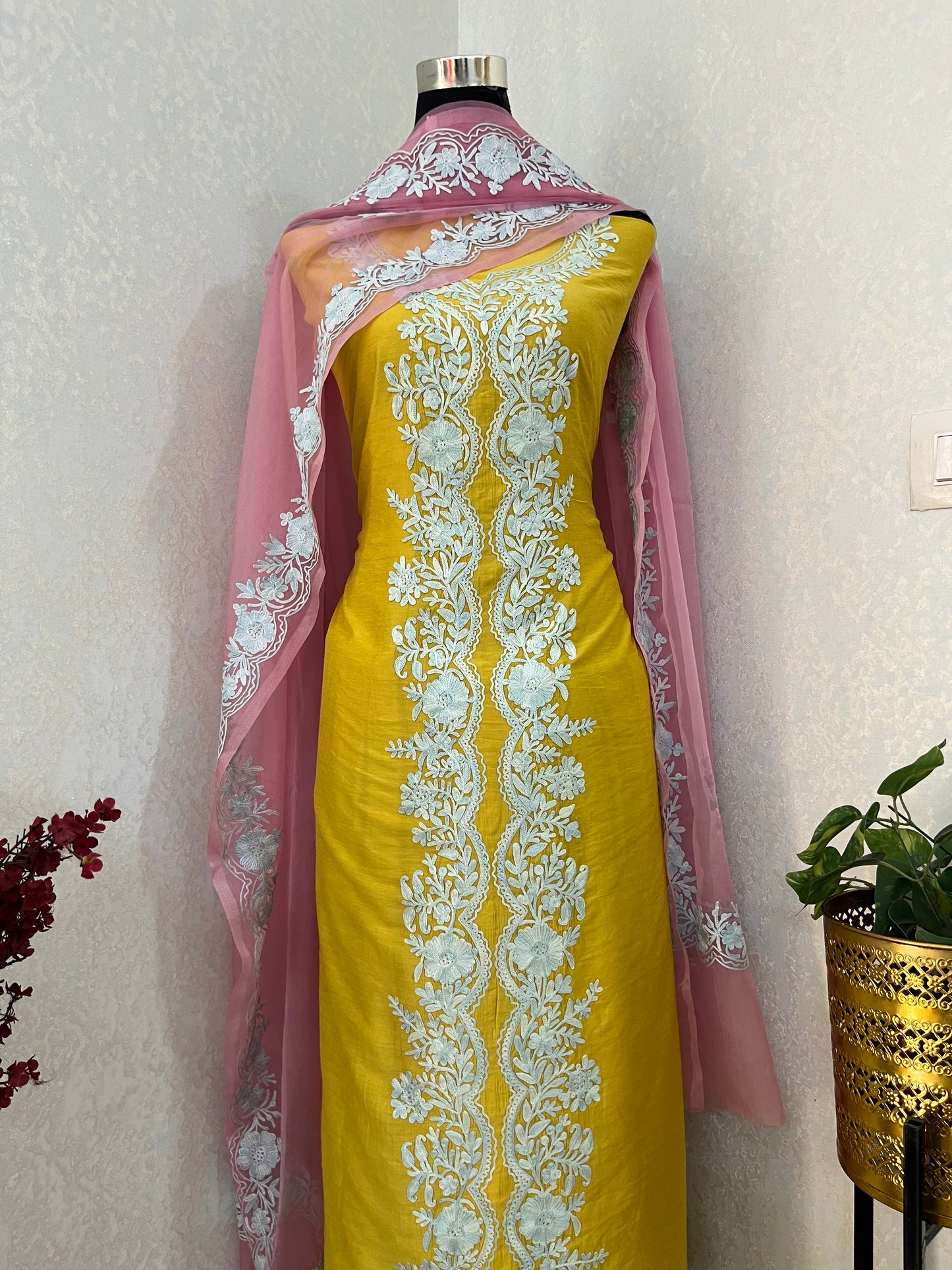 Golden Yellow Chanderi Silk Kashmiri Suit