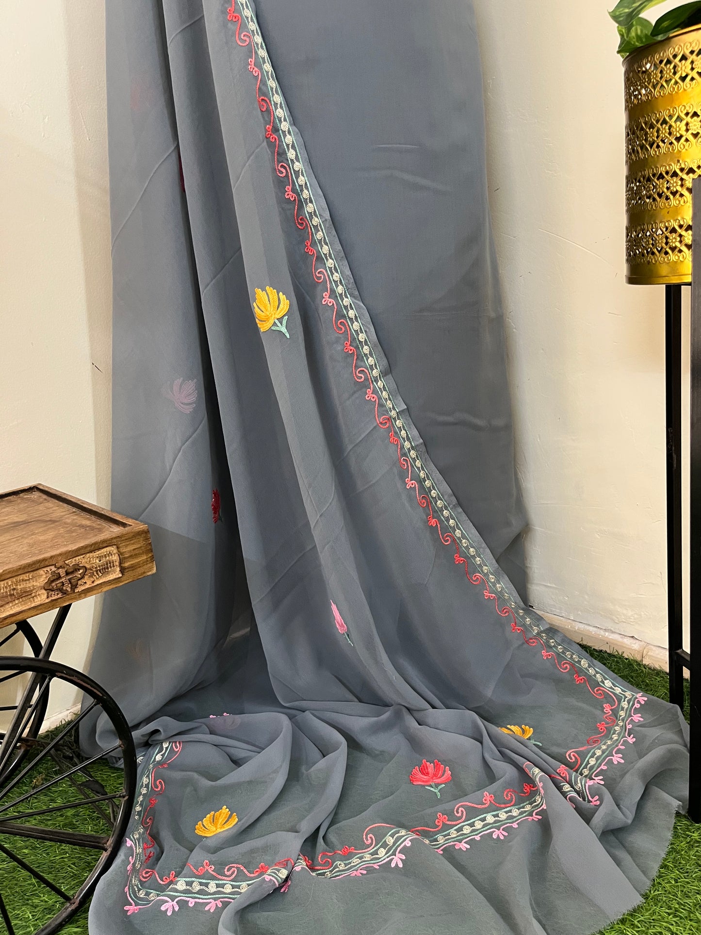 Grey Georgette 3 Pc Aari Embroidered Suit Set