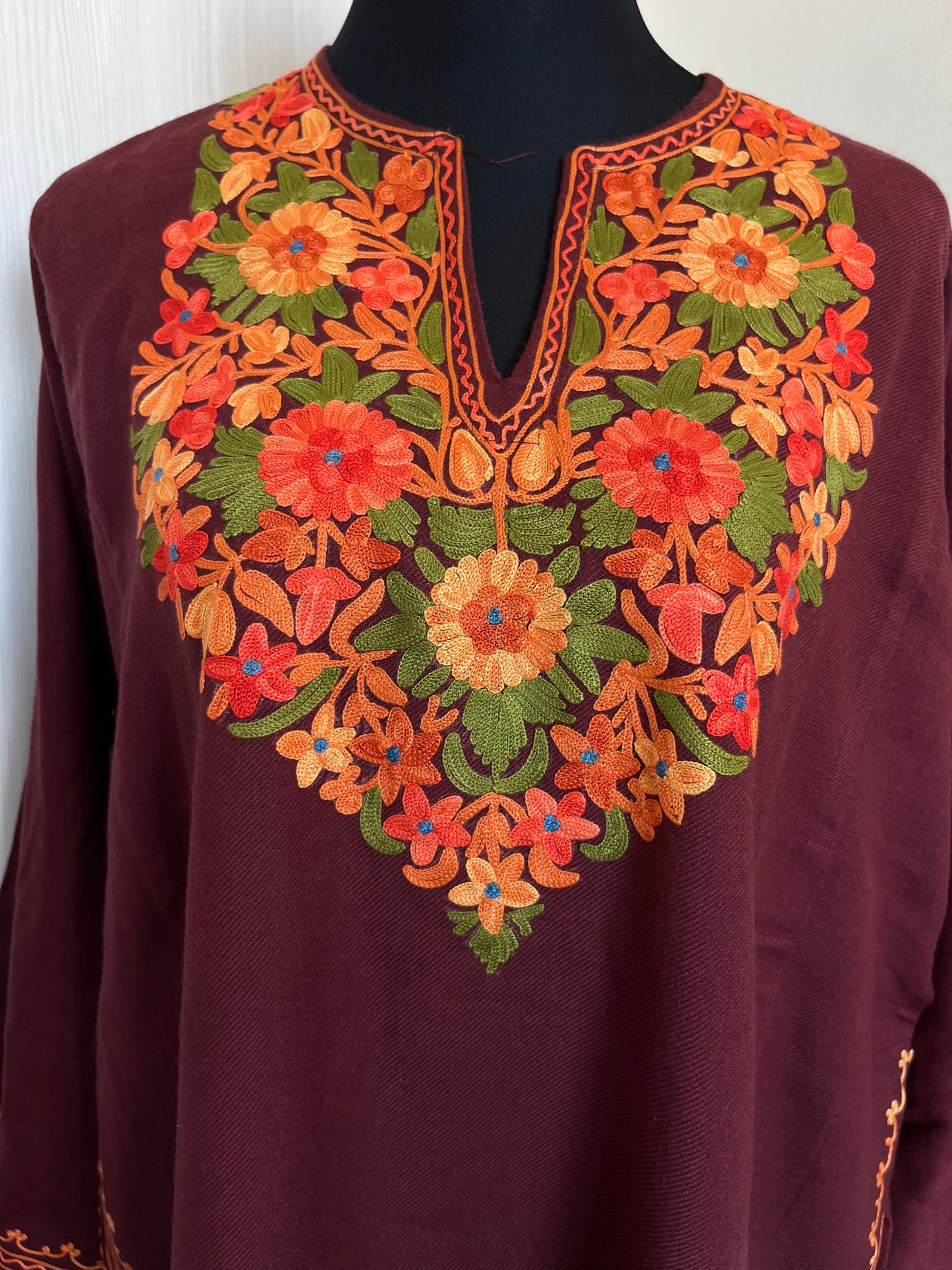 Reddish Brown Aari Embroidered Wool Pheran