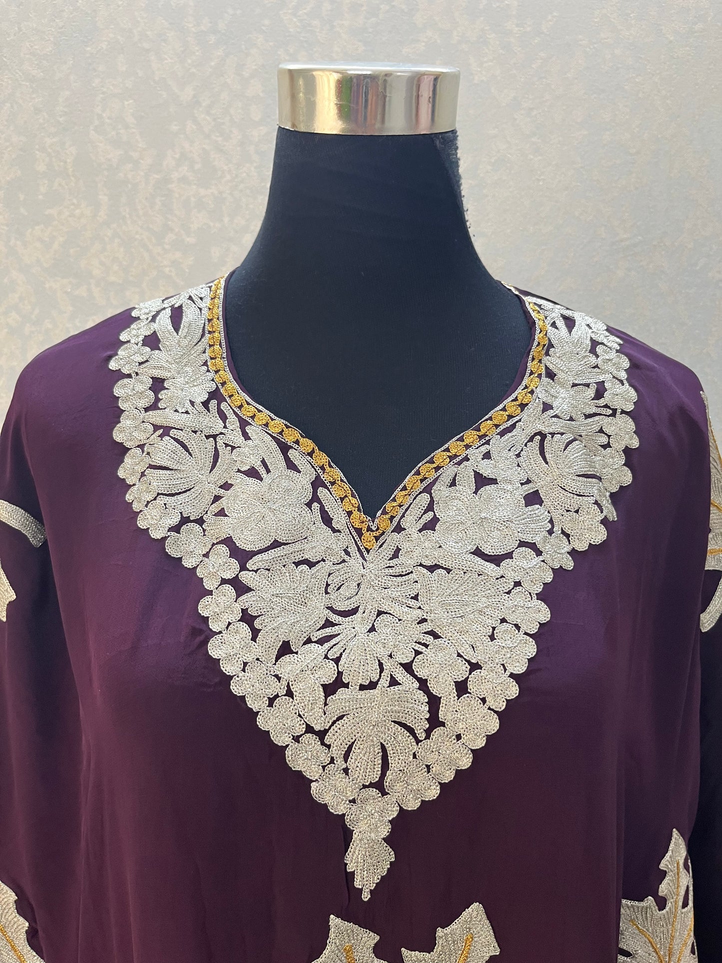 Wine Crape Kashmiri Kaftan Set