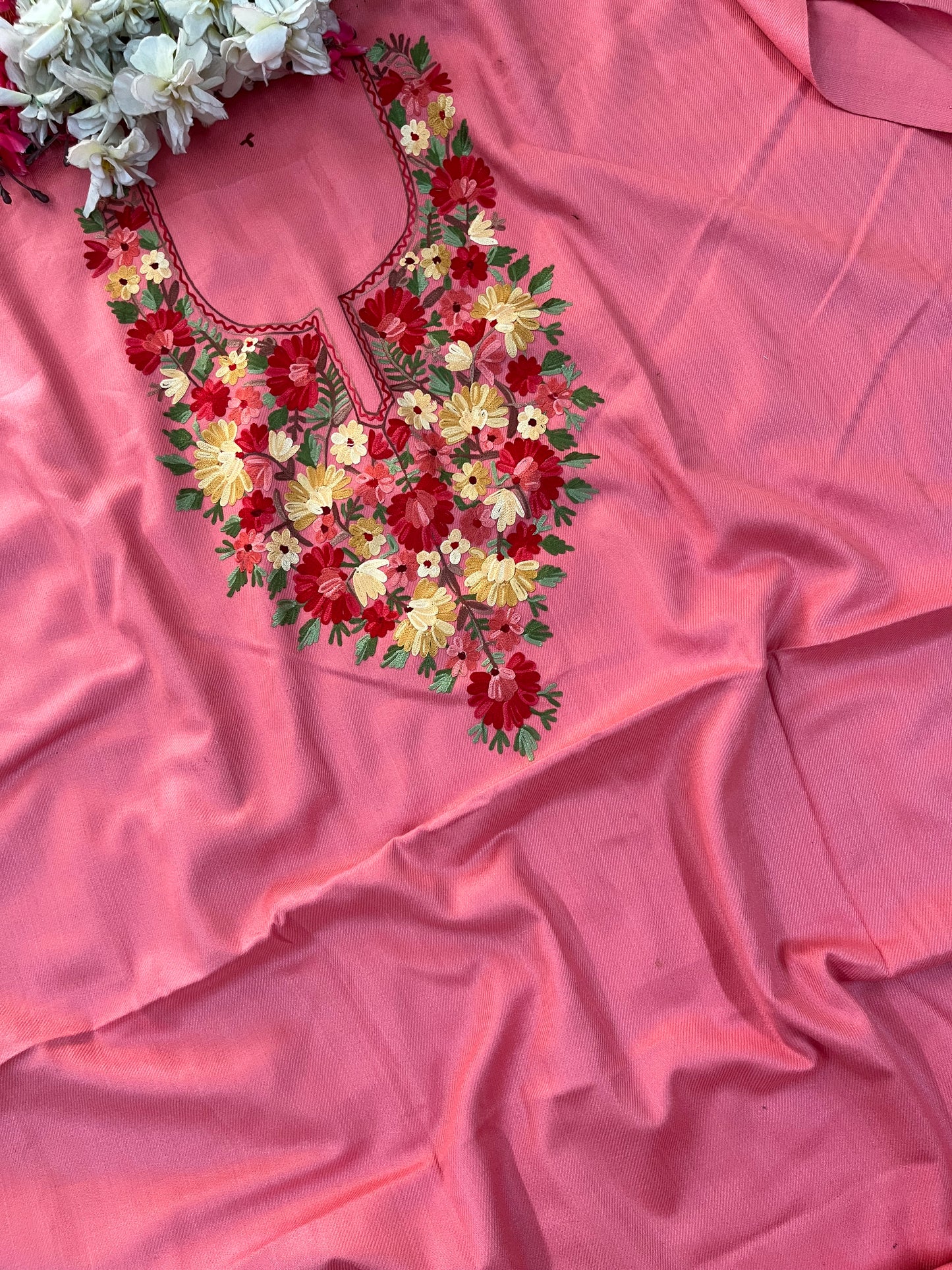 Pink Woollen Aari Embroidered 2pc suit 5mtr