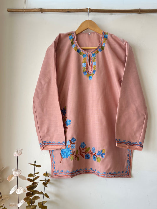 Soft Pink Cotton Aari Work Kurta