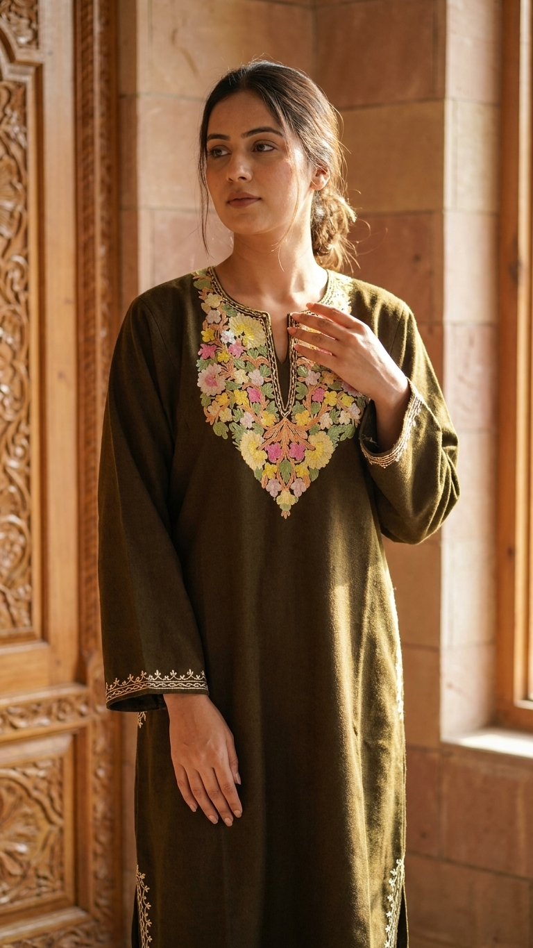 Army Green Aari Embroidered Wool Pheran