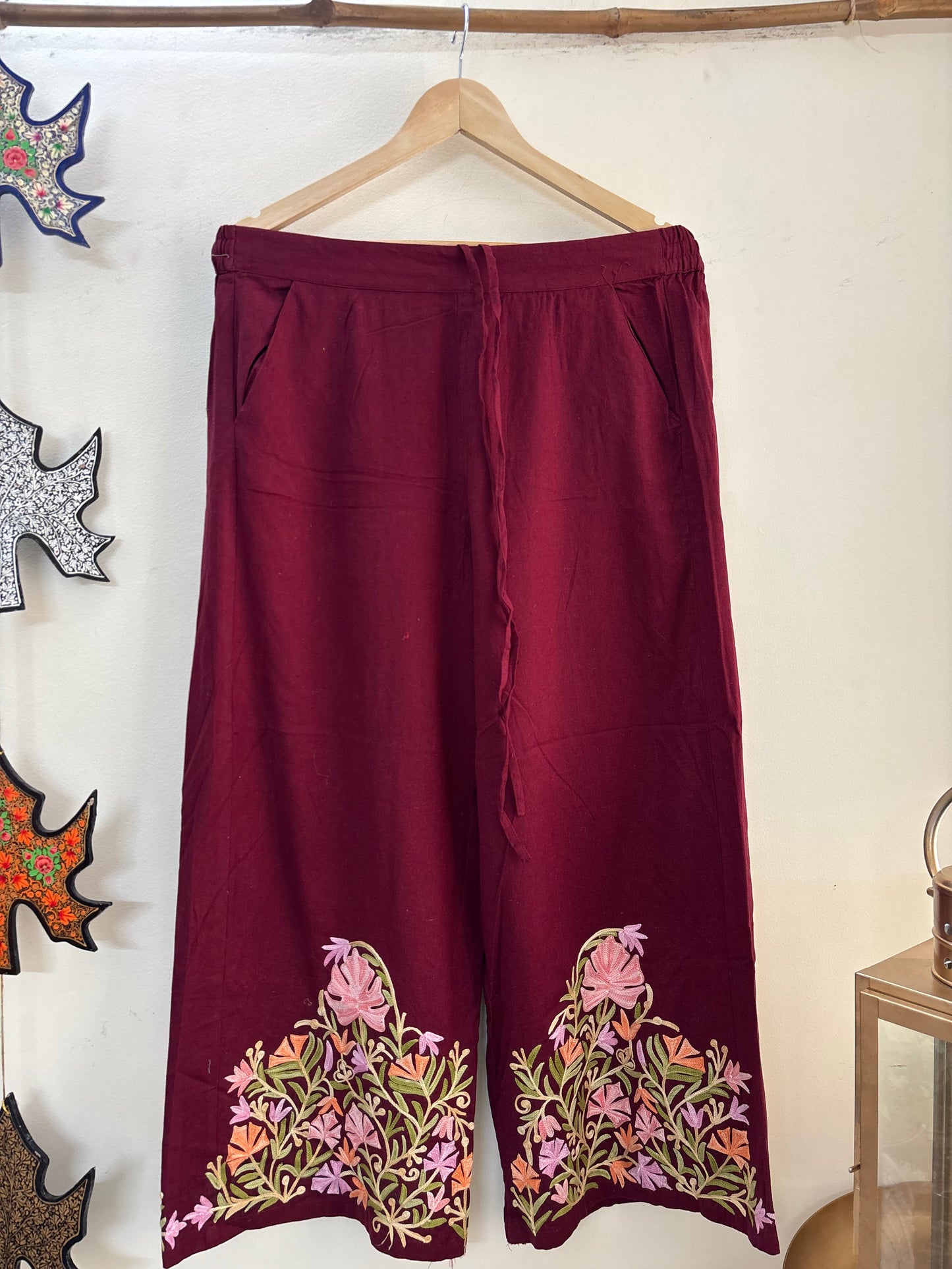 Women Maroon Wide Leg Aari Embroidered Palazzos