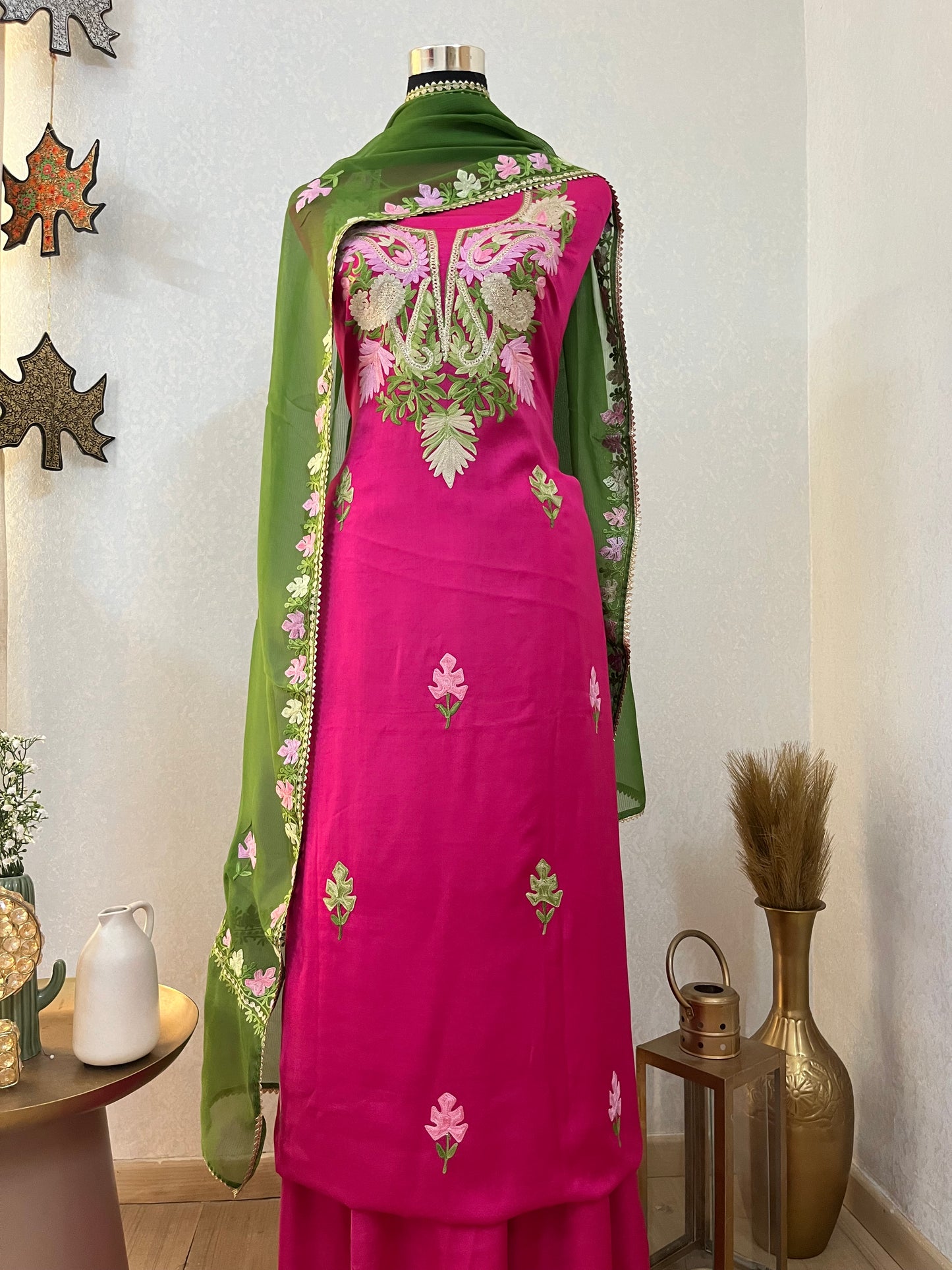 Hot Pink Satin Cotton Kashmiri Suit