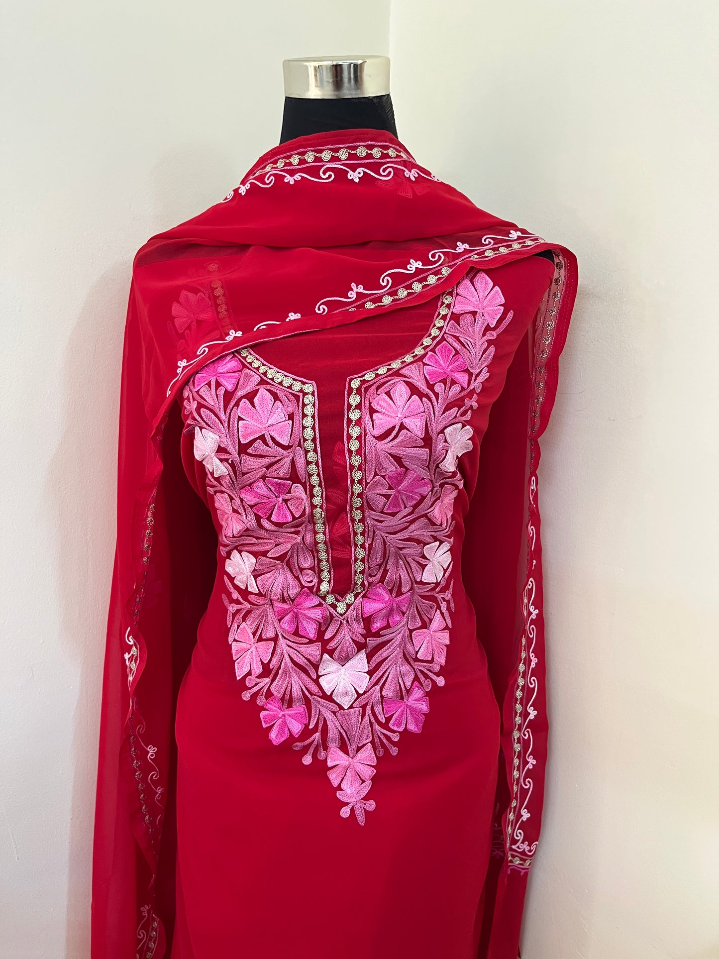 Red Georgette 3 Pc Aari Embroidered Suit Set